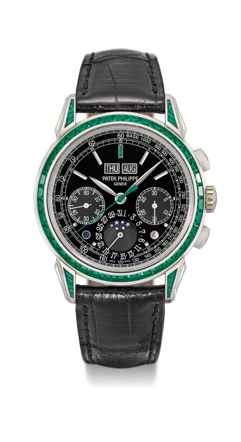 PATEK PHILIPPE, PLATINUM AND EMERALDSET PERPETUAL CALENDAR CHRONOGRAPH