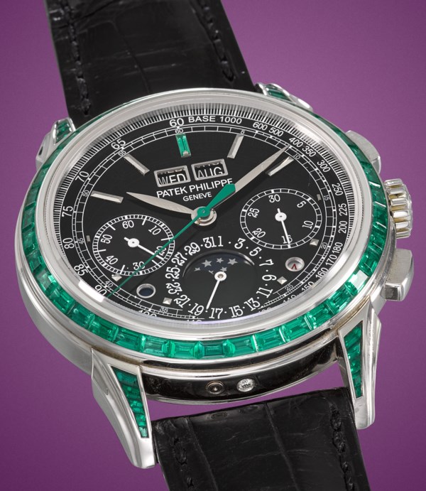 PATEK PHILIPPE, PLATINUM AND EMERALDSET PERPETUAL CALENDAR CHRONOGRAPH