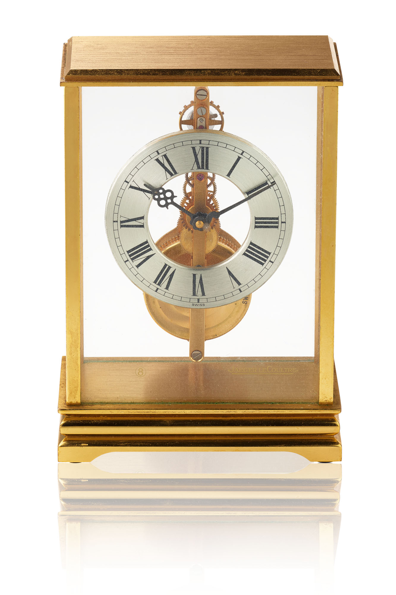 JAEGERLECOULTRE, GILT BRASS AND GLASS 8DAY GOING DESK CLOCK WITH
