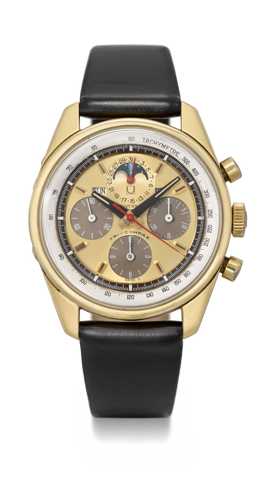 UNIVERSAL GENEVE, GOLD TWO-TONE DIAL TRI-COMPAX CHRONOGRAPH WRISTWATCH ...