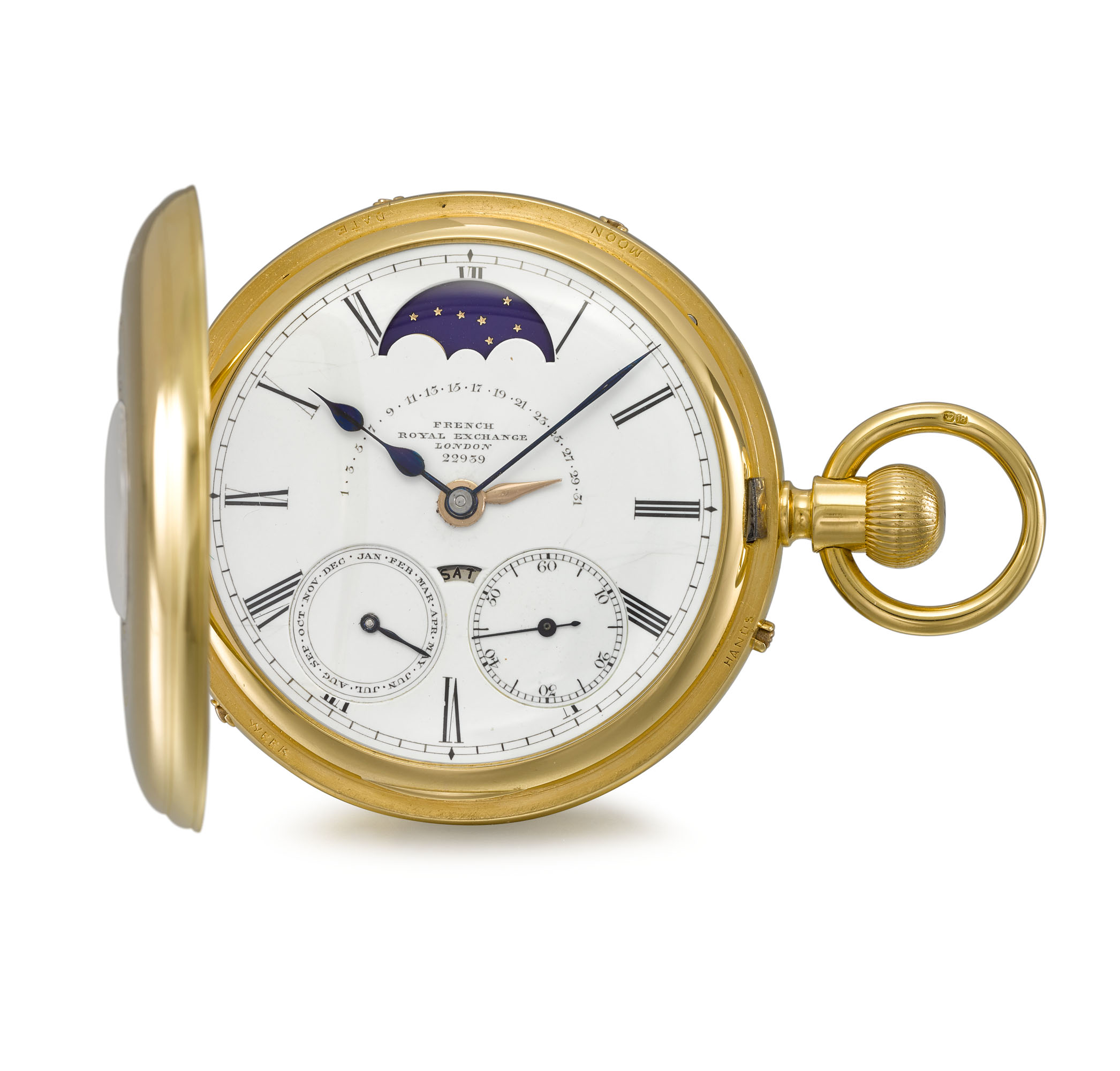 FRENCH, HALF HUNTER CASE TRIPLE CALENDAR MOON PHASE POCKET WATCH WITH