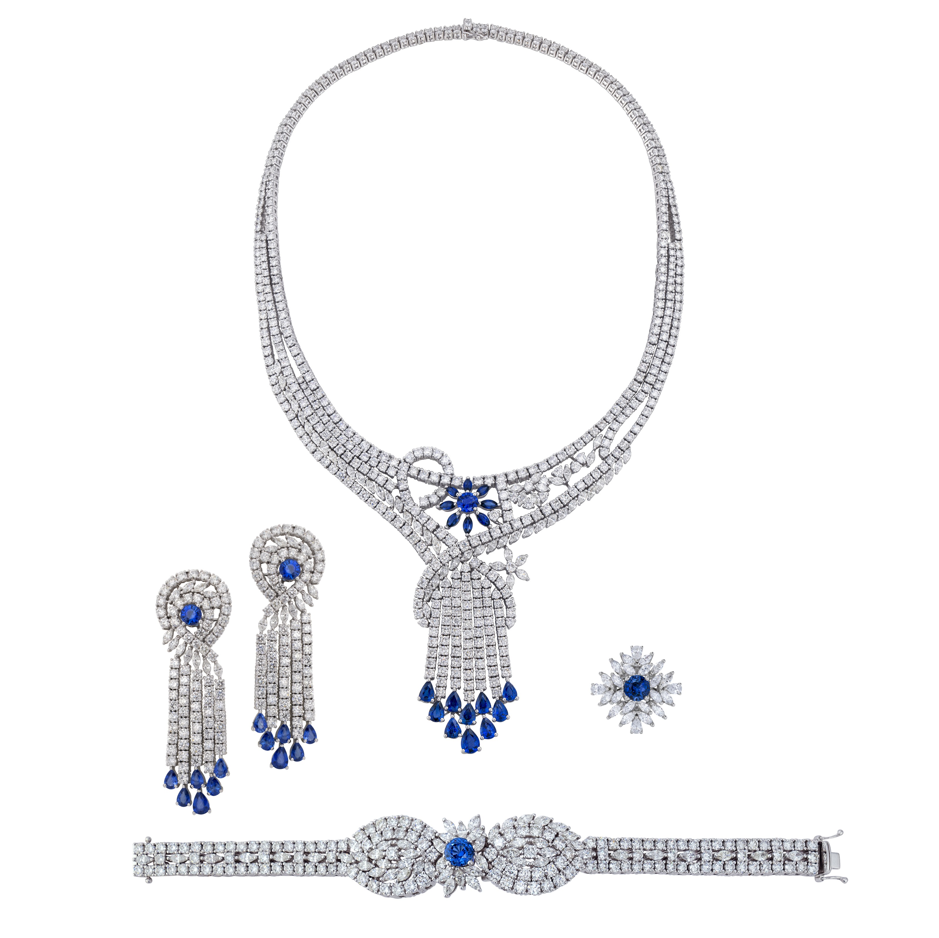SAPPHIRE AND DIAMOND NECKLACE BRACELET EARRING AND RING SUITE MARCONI