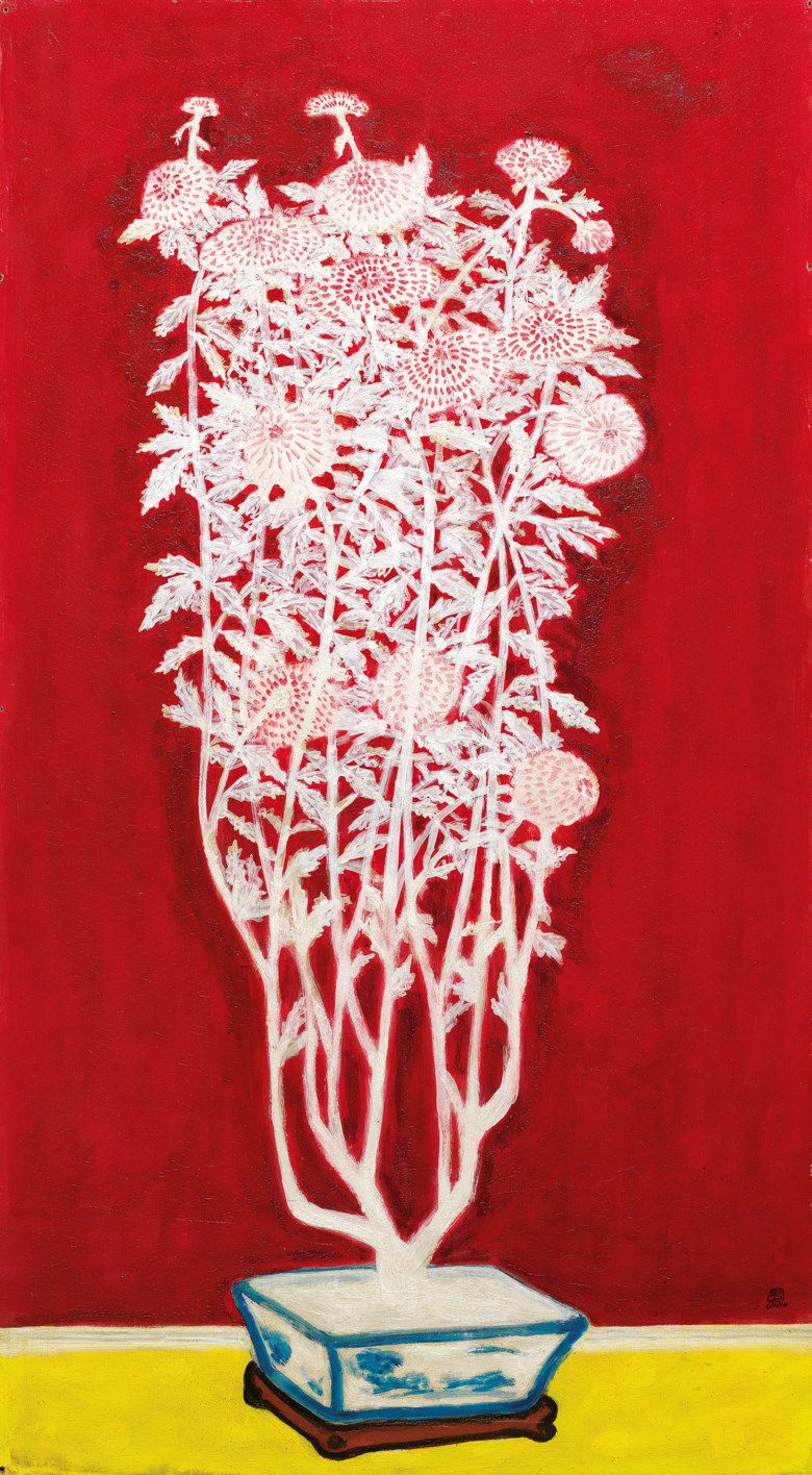 常玉（1895-1966），《青花盆中盛开的菊花》。油彩 夹板。110 x 60 cm (43 ¼ x 23 ⅝ in)。1940-1950年代作。此作于2020年7月10日在佳士得香港售出，成交价191,620,000港元