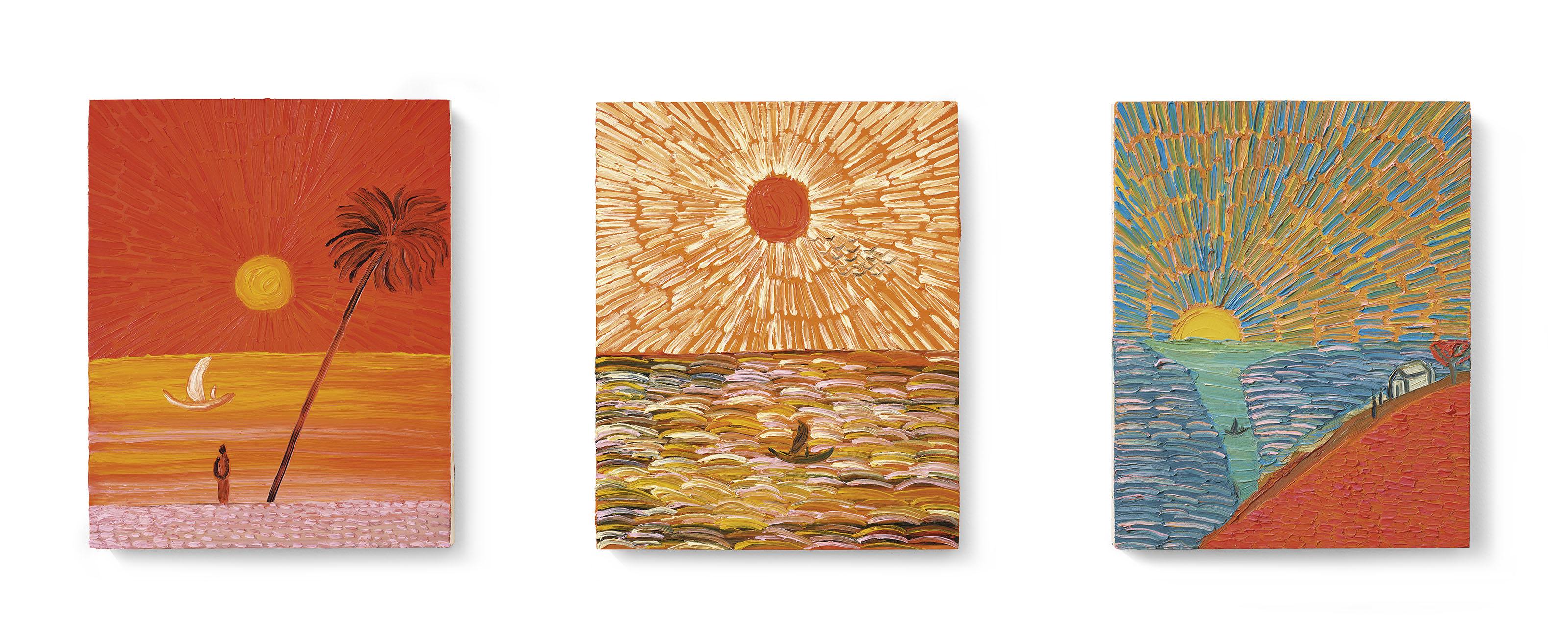 The Journey Home by Matthew Wong, a vibrant triptych landscape with rich blues and yellows depicting a dreamlike path through nature