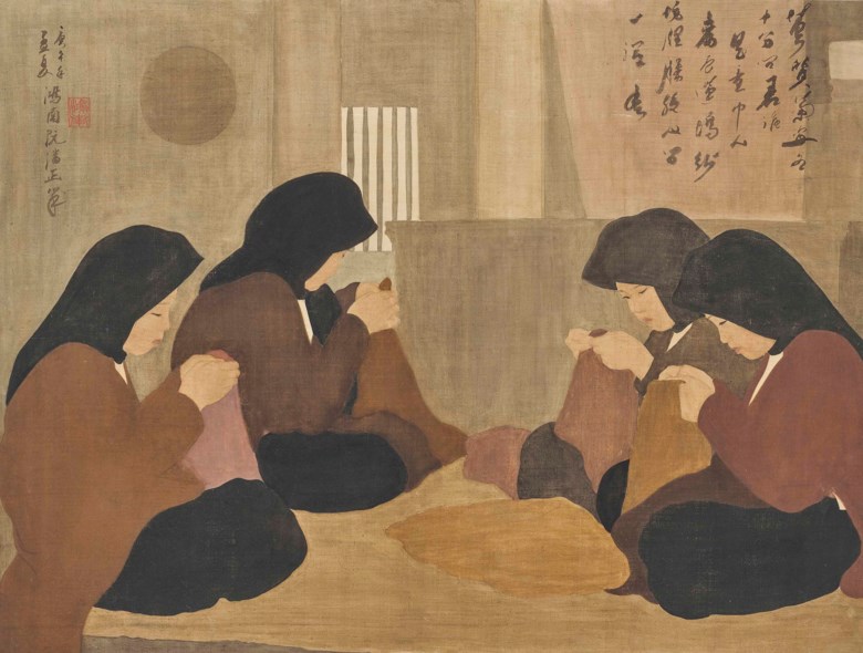 阮潘正（1892-1984），《裁缝少女》，1930年作。水墨 水粉 绢布 (原装框架)。 65.5 x 88 公分（25 34 x 34 58 英寸）。此作于2020年12月3日在佳士得香港售出，成交价10,930,000港元