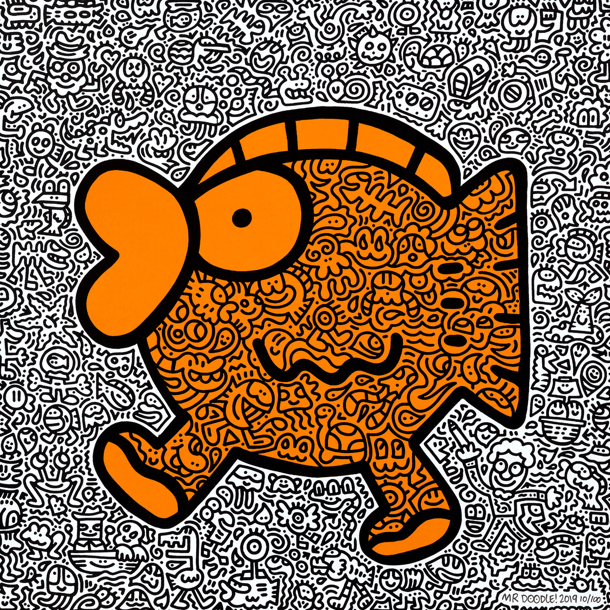 MR DOODLE (B. 1994), Yellow Flower, Orange Fish, Pink Bird, & Blue