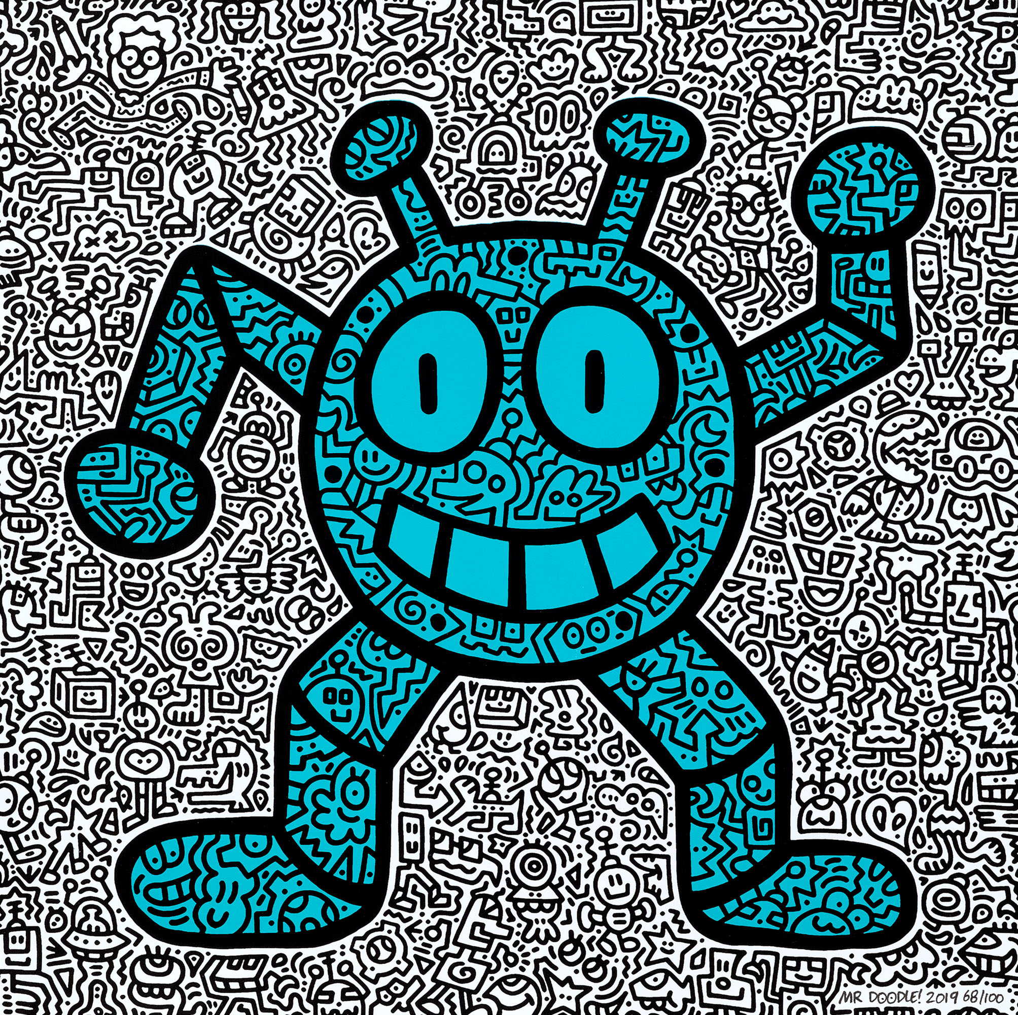 MR DOODLE (B. 1994), Yellow Flower, Orange Fish, Pink Bird, & Blue
