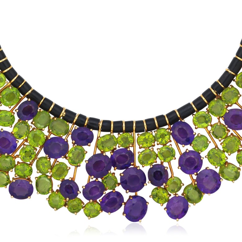 Amethyst and peridot necklace. SizeDimensions 37.8 cm length, 4.8 cm drop. Sold for HK$100,000 in 
Jewels Online, 28 April to 8 May 2020, Online