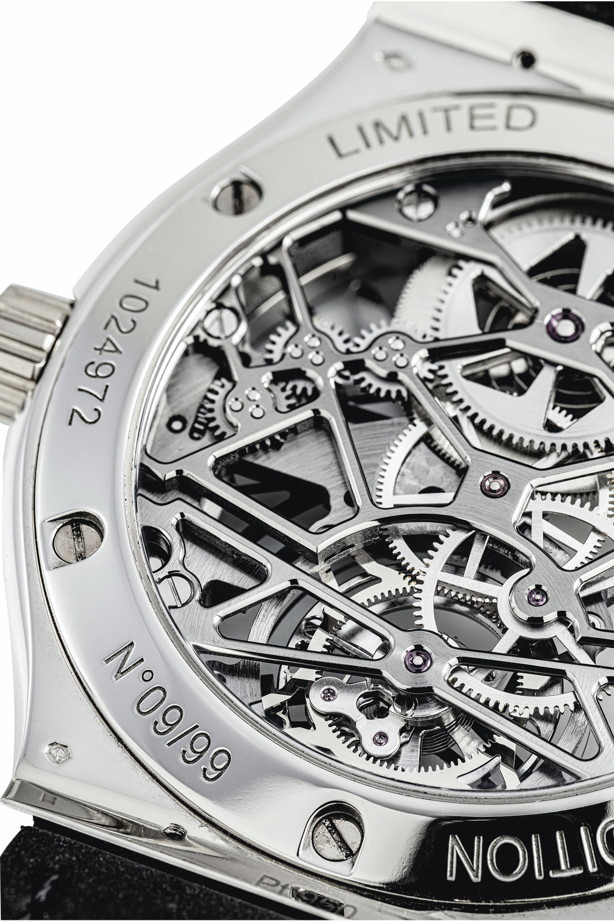 HUBLOT. A VERY RARE PLATINUM LIMITED EDITION SKELETONISED TOURBILLON WRISTWATCH SIGNED HUBLOT CLASSIC FUSION MODEL NO. 09 99 REF. 505.TX.0170.LR CASE NO. 1 024 972 CIRCA 2018 Christie s