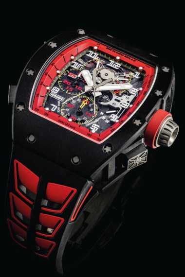 Richard Mille. An extremely rare carbon limited edition tonneau-shaped skeletonised split seconds chronograph wristwatch with power reserve and torque indicators. Signed Richard Mille, Felipe Massa model, ref. rm004, circa 2015. Estimate HK$2,000,000-3,000,000. Offered in IMPORTANT WATCHES Including The Titanium Collection and an Important Private Asian Collection Part 3 on 13 July 2020 at