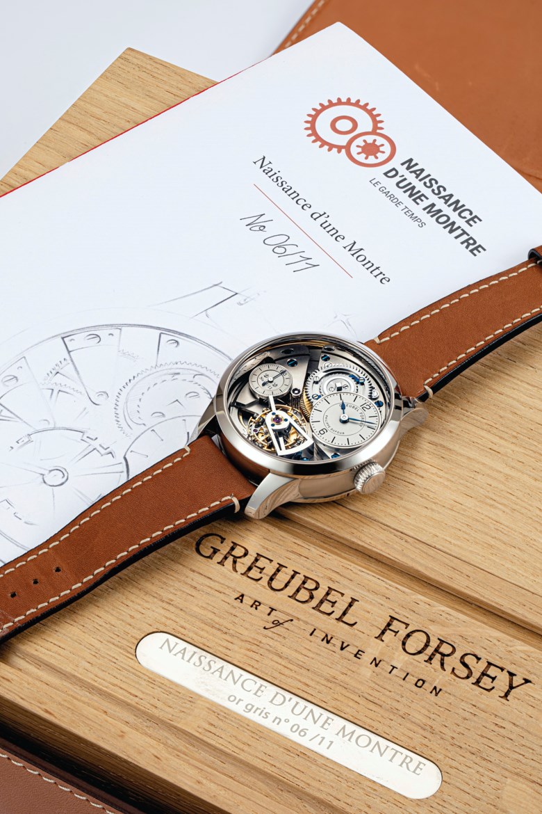 “Le Garde Temps - Naissance d’une Montre” 腕表，高珀富斯、菲利普·杜福尔和米歇尔·布朗热制。极罕有及重要的18K白金半镂空陀飞轮腕表，编号0611，约2016年制。2020年7月13日于佳士得香港精致名表：钛金属系列及亚洲重要私人珍藏（第三部分）拍卖中以6,845,000港元成交