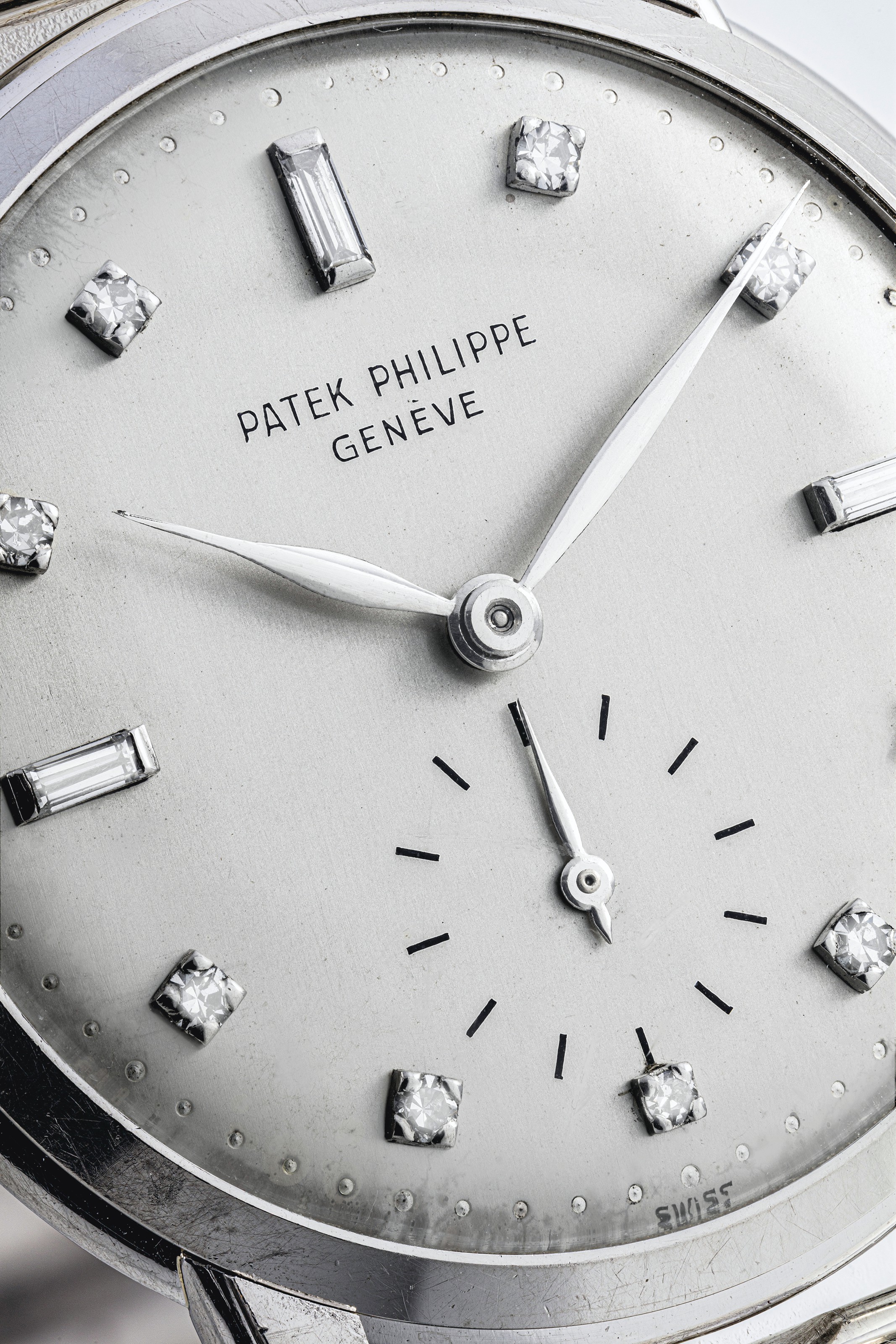 PATEK PHILIPPE. A VERY RARE PLATINUM AND DIAMOND SET WRISTWATCH WITH 18K WHITE GOLD BRACELET SIGNED PATEK PHILIPPE GENEVE REF. 2484 MOVEMENT NO. 745 969 CASE NO. 692 787 MANUFACTURED IN 1956 Christie ...