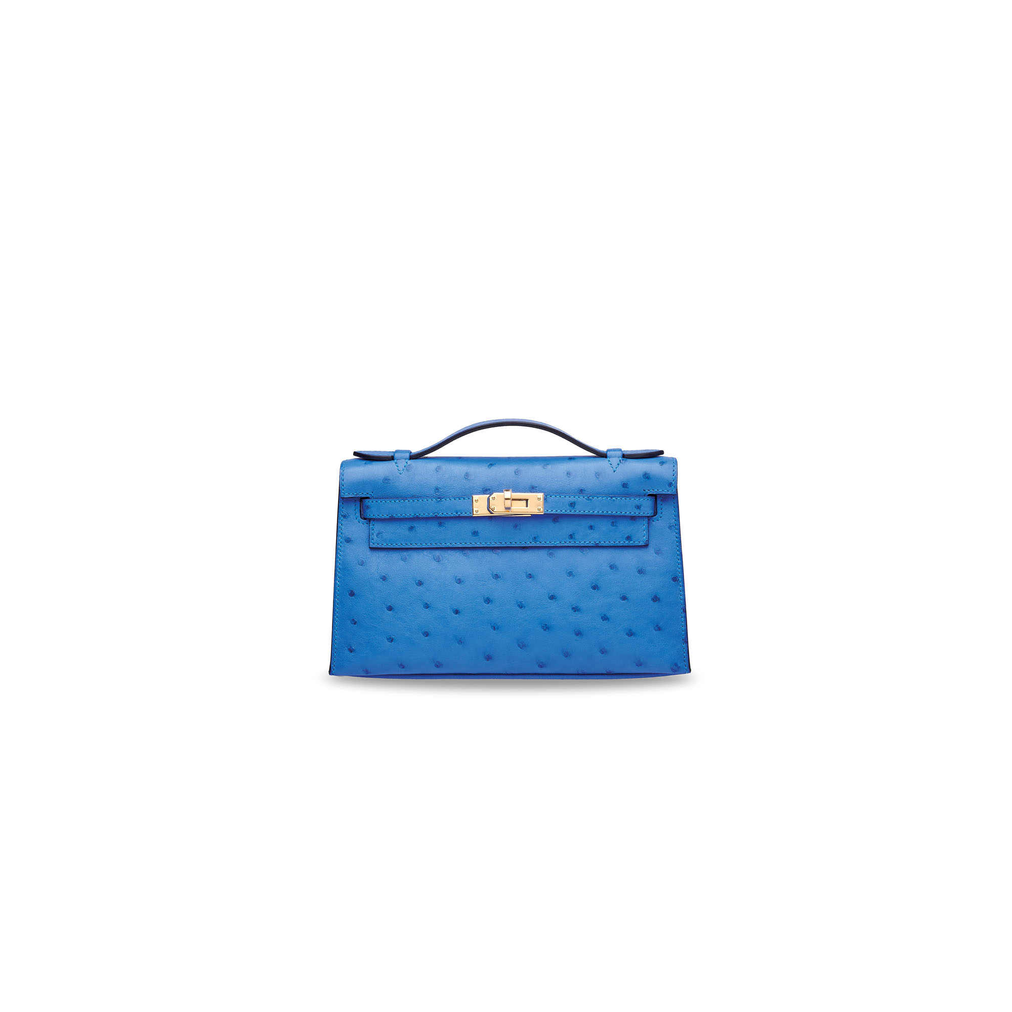 A BLEUET OSTRICH MINI KELLY 20 II WITH GOLD HARDWARE