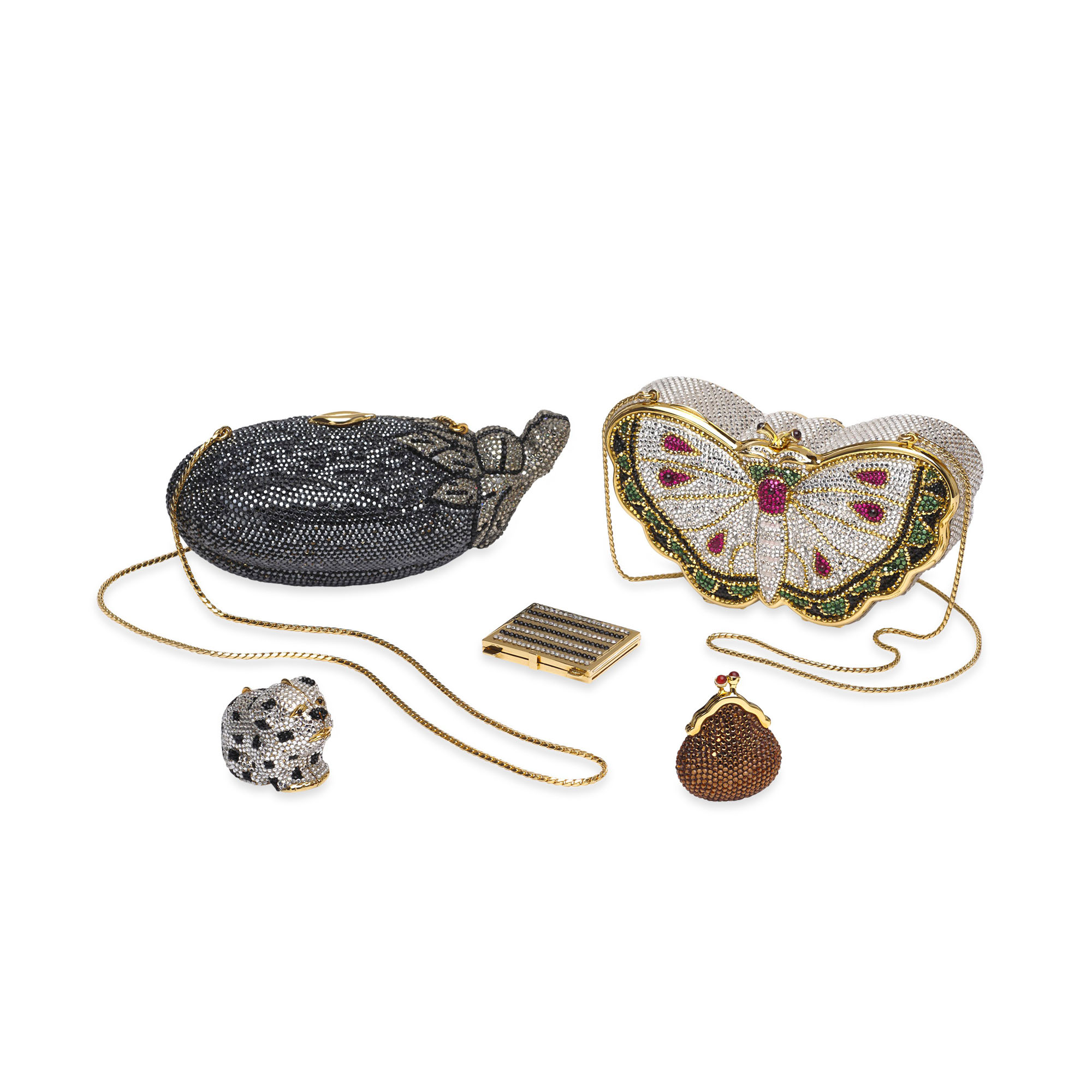 A SET OF FIVE A MULTICOLOR CRYSTAL EGGPLANT EVENING BAG, A MULTICOLOR