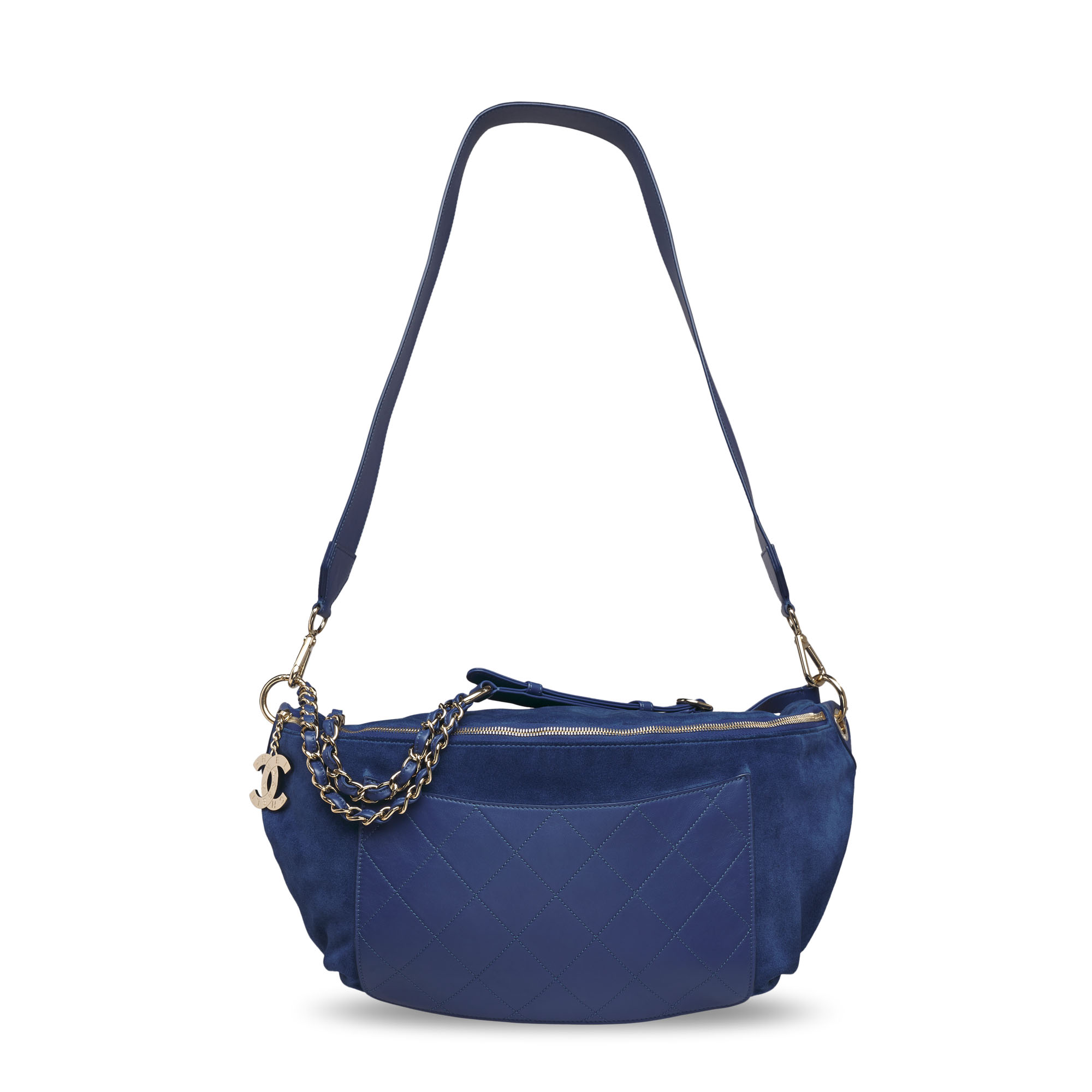 A LIMITED EDITION BLUE SUEDE CALFSKIN LEATHER OVERSIZED WAIST BELT BAG WITH LIGHT GOLD HARDWARE BY PHARRELL WILLIAMS