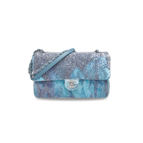 A RUNWAY BLUE WATERFALL SEQUIN JUMBO SINGLE FLAP BAG WITH SILVER