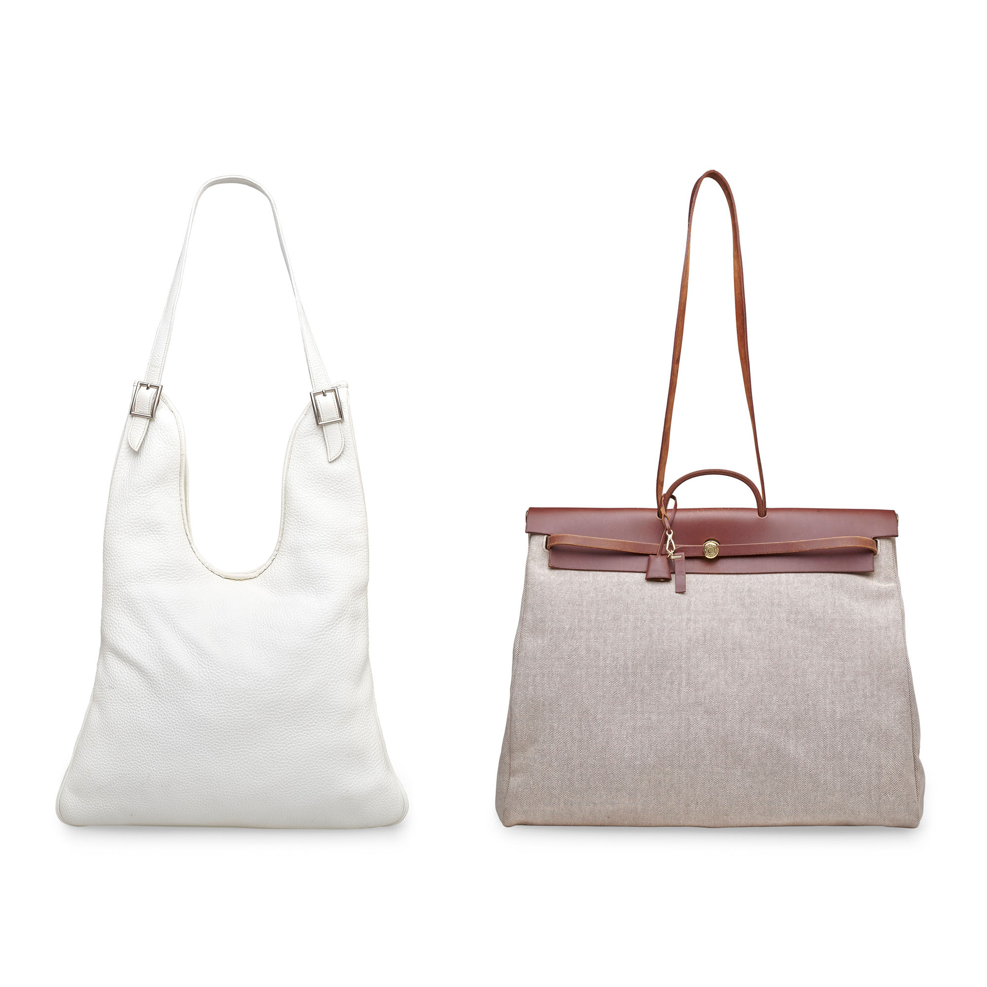 A Set Of Two A Toile Marron Fonce Vache Hunter Leather Herbag Zip 50 With Permabrass Hardware A White Clemence Leather Massai With Palladium Hardware Hermes 02 04 Christie S