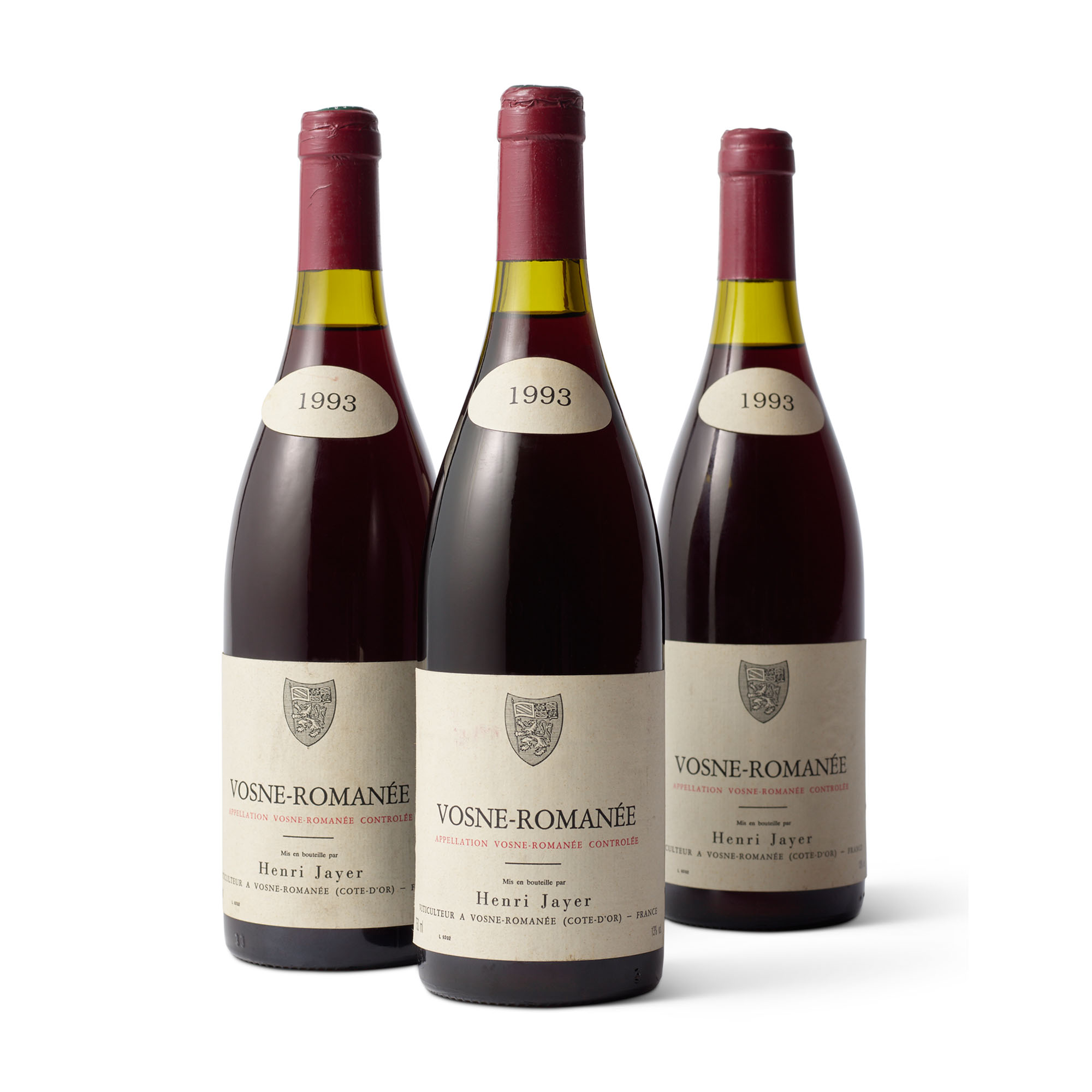 Henri Jayer, Vosne-Romanée 1993, Grand Cru, Côte de NuitsOne cut capsule to  reveal Domaine and vintage branded cork. Slightly bin-soiled labels.  Levels: two 2cms, one 2.5cms | Christie's