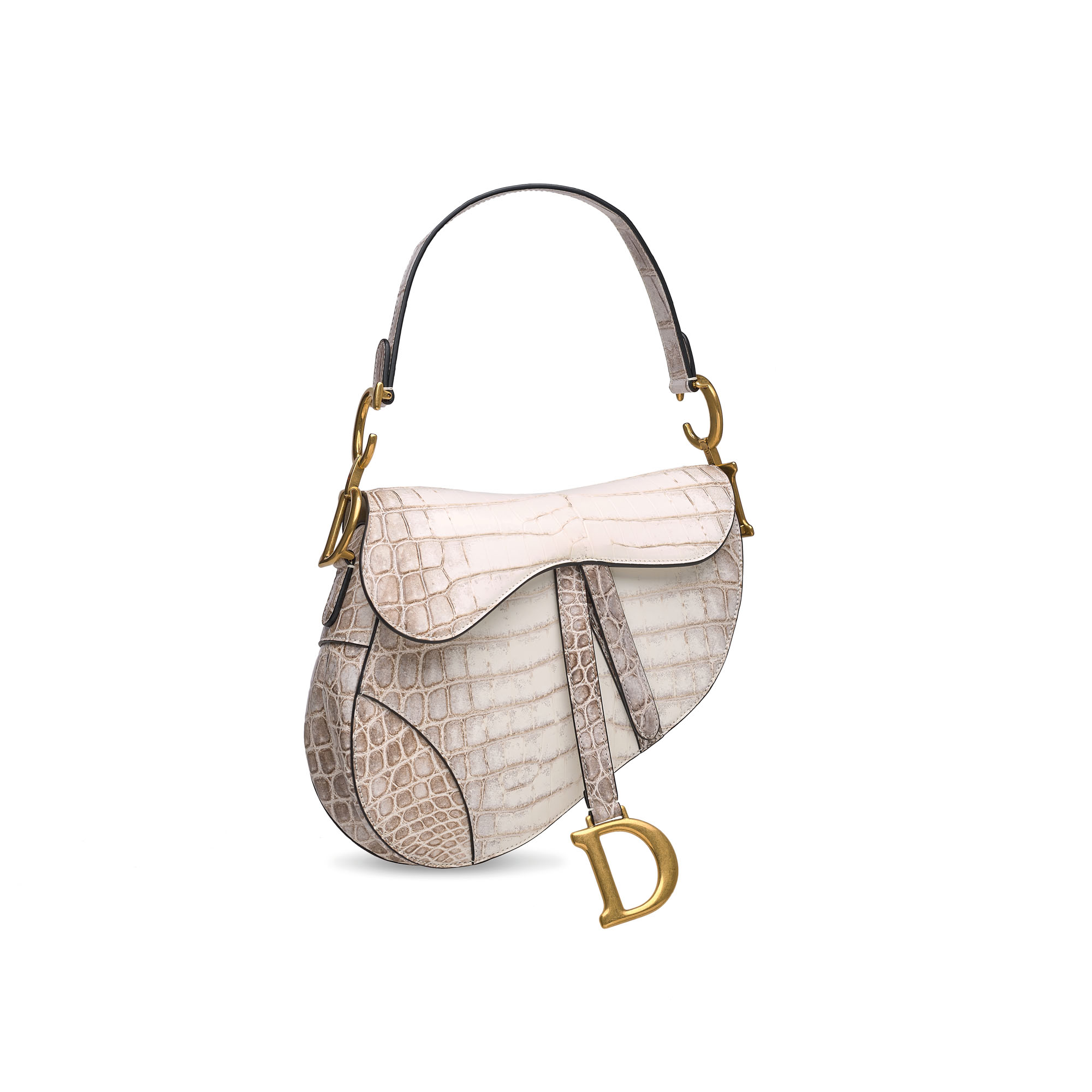 A RARE, WHITE HIMALAYA CROCODILE SADDLE BAG WITH GOLD HARDWARE