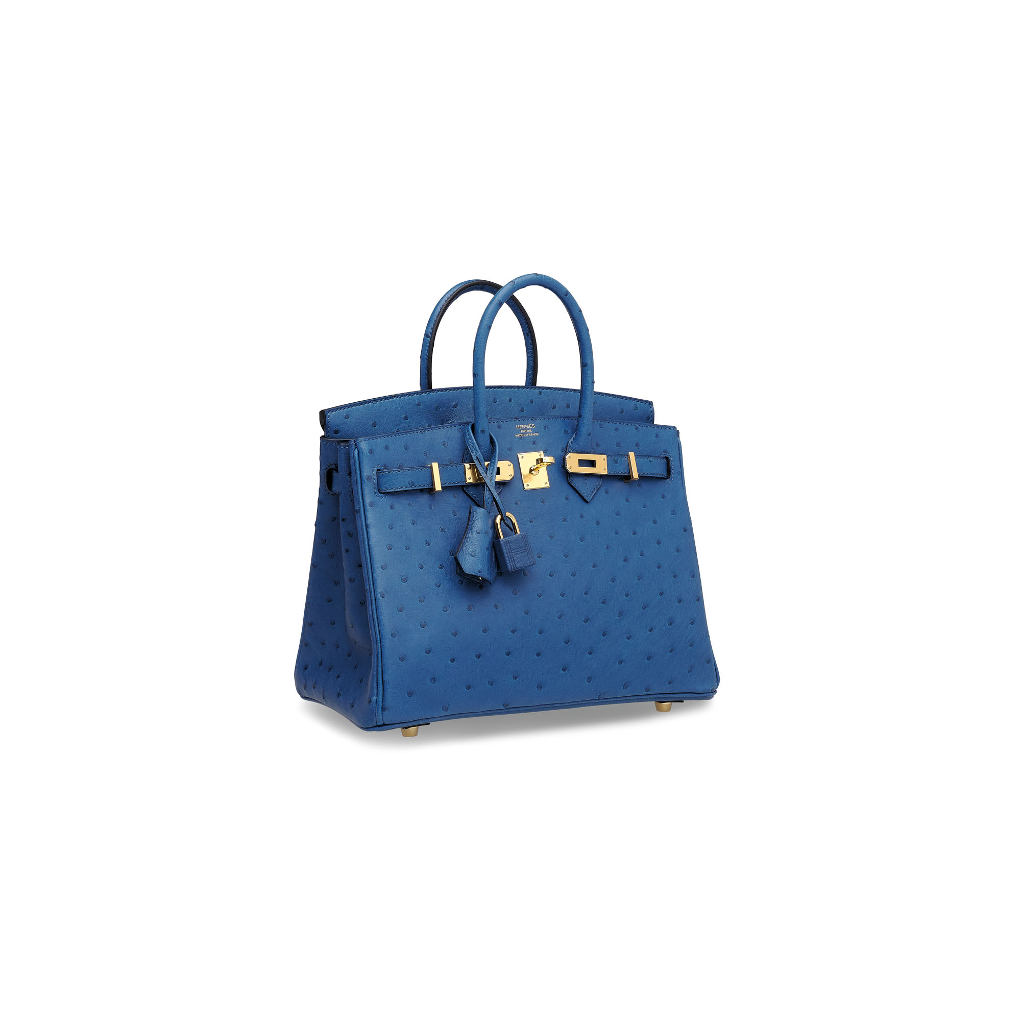 A DEEP BLUE OSTRICH LEATHER BIRKIN 25 WITH GOLD HARDWARE