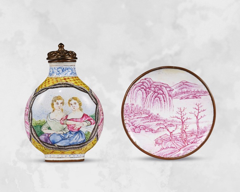 A rare and superb painted enamel &lsquo;European ladies&rsquo; snuff bottle and a painted enamel &lsquo;landscape&rsquo; snuff dish. Bottle 2  in (5.1  cm) high, gilt-bronze stopper, dish 1⅞  in (4.7  cm)  diam, box. Estimate HK$450,000-600,000. Offered in Chinese Snuff Bottles and Matching Dishes from Private Collections on 8 October 2020 at Christie&rsquo;s in Hong Kong