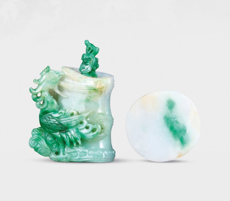 A jadeite &lsquo;phoenix and bamboo&rsquo; snuff bottle, probably imperial, attributable to the palace workshops, Qing dynasty, 1770-1840. Bottle 2⅛  in (5.4  cm) high, jadeite stopper, dish 1⅝  in (4.2  cm) long. Estimate HK$160,000-300,000. Offered in Chinese Snuff Bottles and Matching Dishes from Private Collections on 8 October 2020 at Christie&rsquo;s in Hong Kong