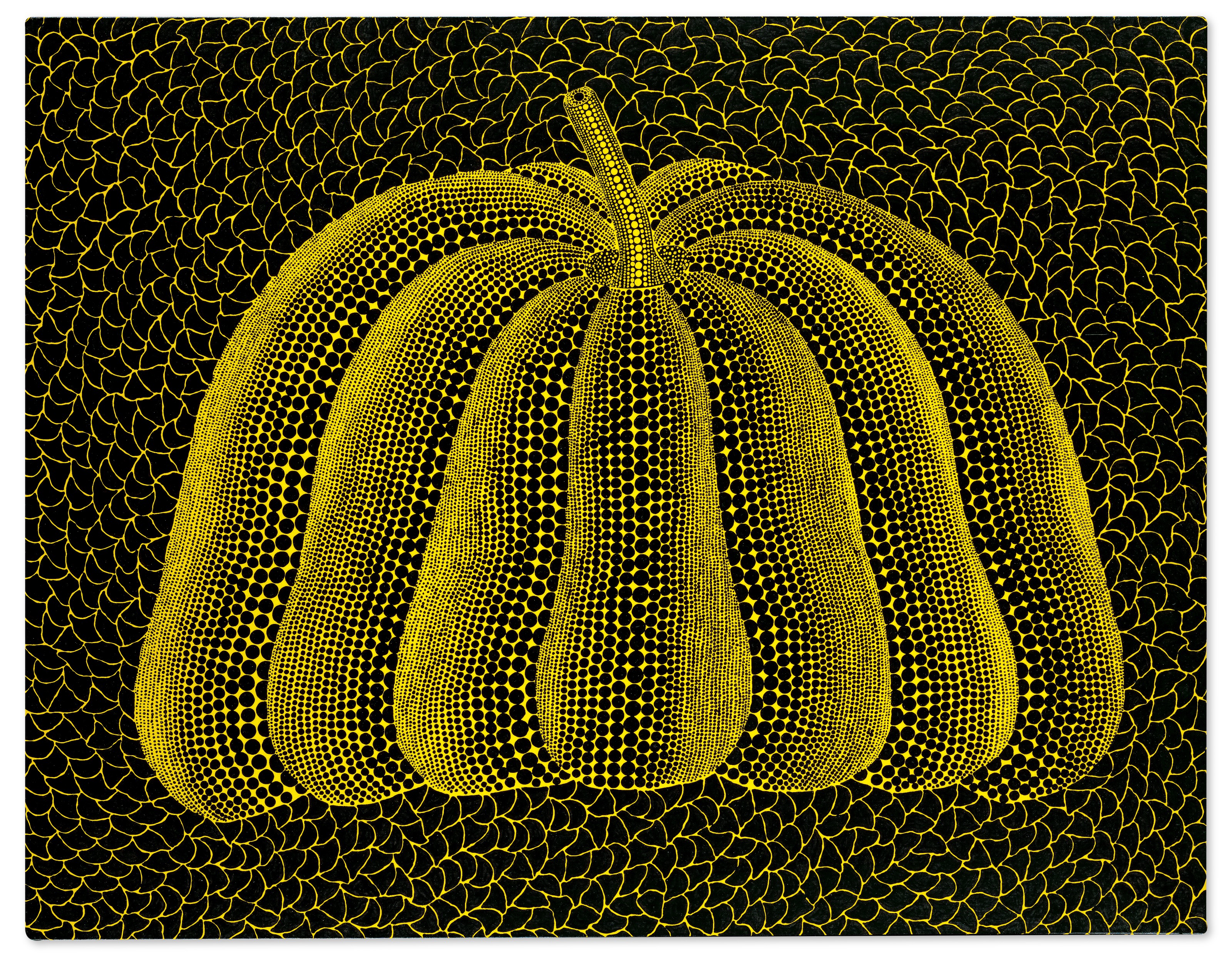 草间弥生(1929年生)，《A-PUMPKIN -SPW》，2014年作。压克力 画布。 112 x 145.5 公分（44 1/8 x 57 1/4 英寸）。此作于2020年12月2日在20th Century: Hong Kong to New York售出，成交价38,650,000港元