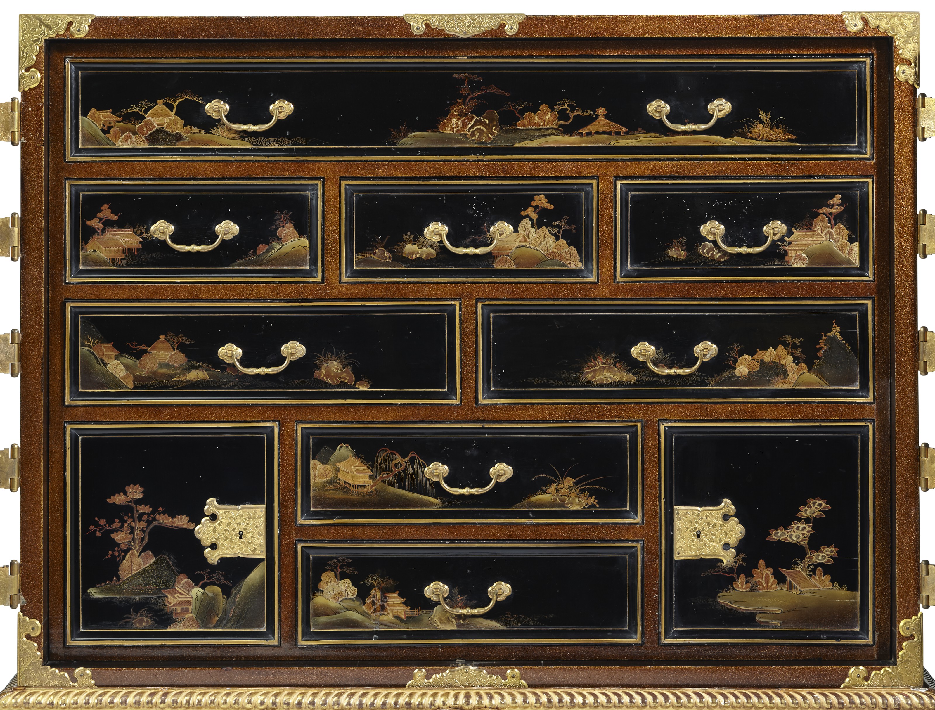 A PAIR OF JAPANESE LACQUER CABINETS ON GILTWOOD STANDS, THE