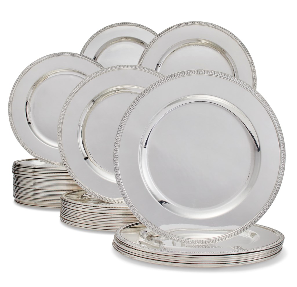 AN EXTENSIVE SET OF SIXTY ITALIAN SILVER PLACE PLATES, MARK OF