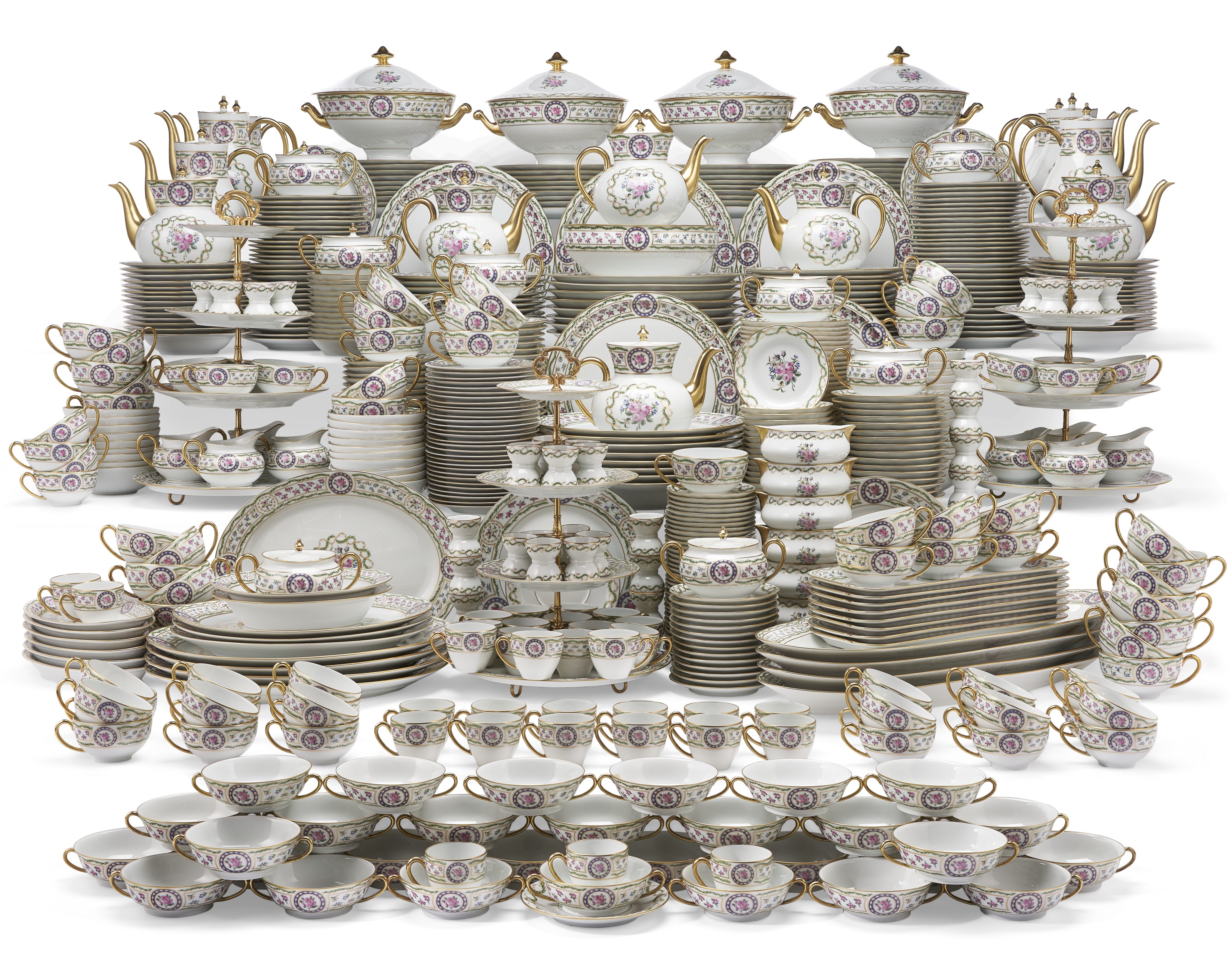 Poudrier Vintage En Porcelaine De Limoges - Décor Bleu Et Or - Boîte De Maquillage