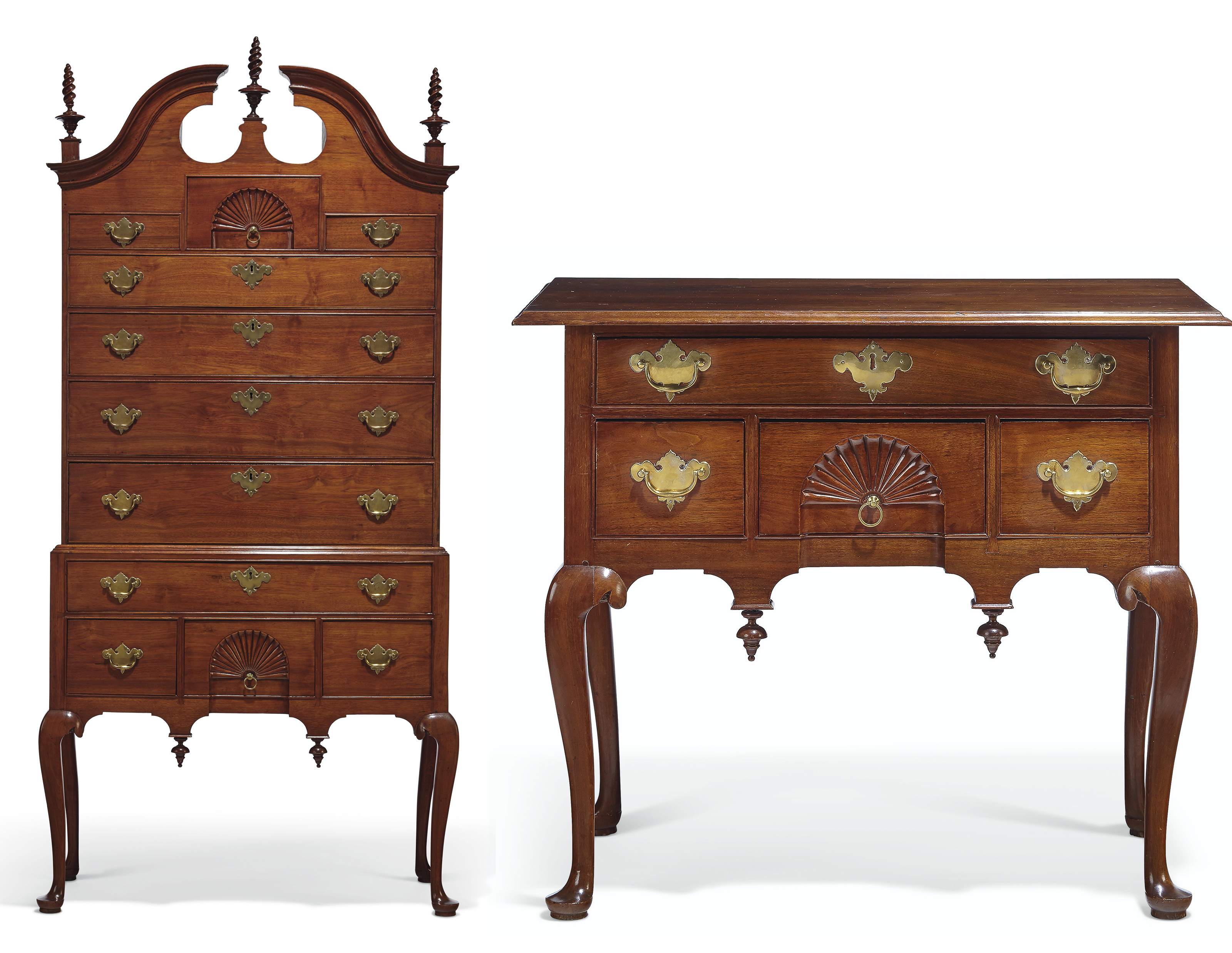 A Queen Anne Carved Walnut High Chest Of Drawers And Matching