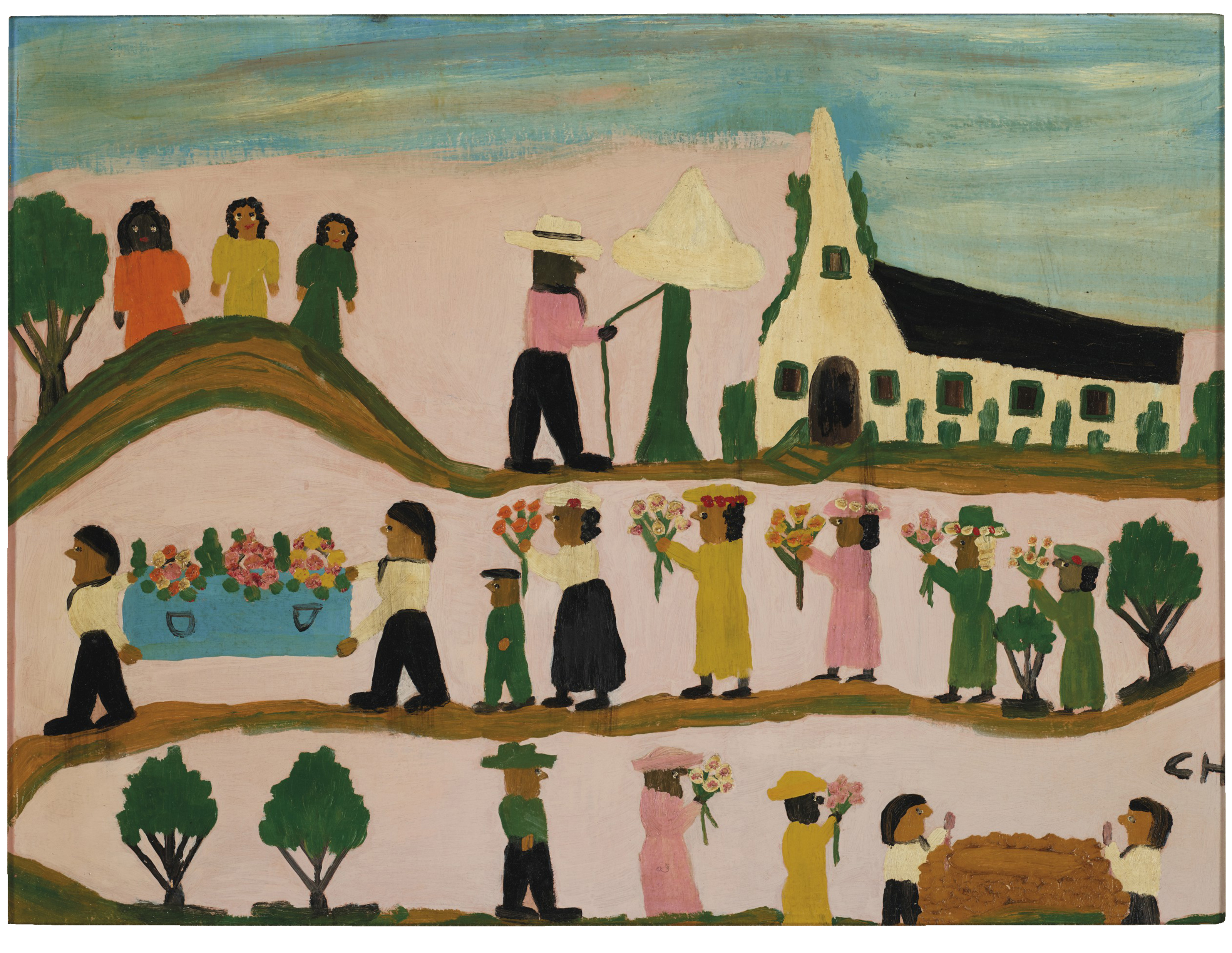 Clementine Hunter (1887-1988), Funeral, 1957. Oil on paperboard. 18 x 23&frac34; in. Estimate: $5,000-10,000. Offered in Outsider Art on 17 January 2020 at Christie&rsquo;s in New York