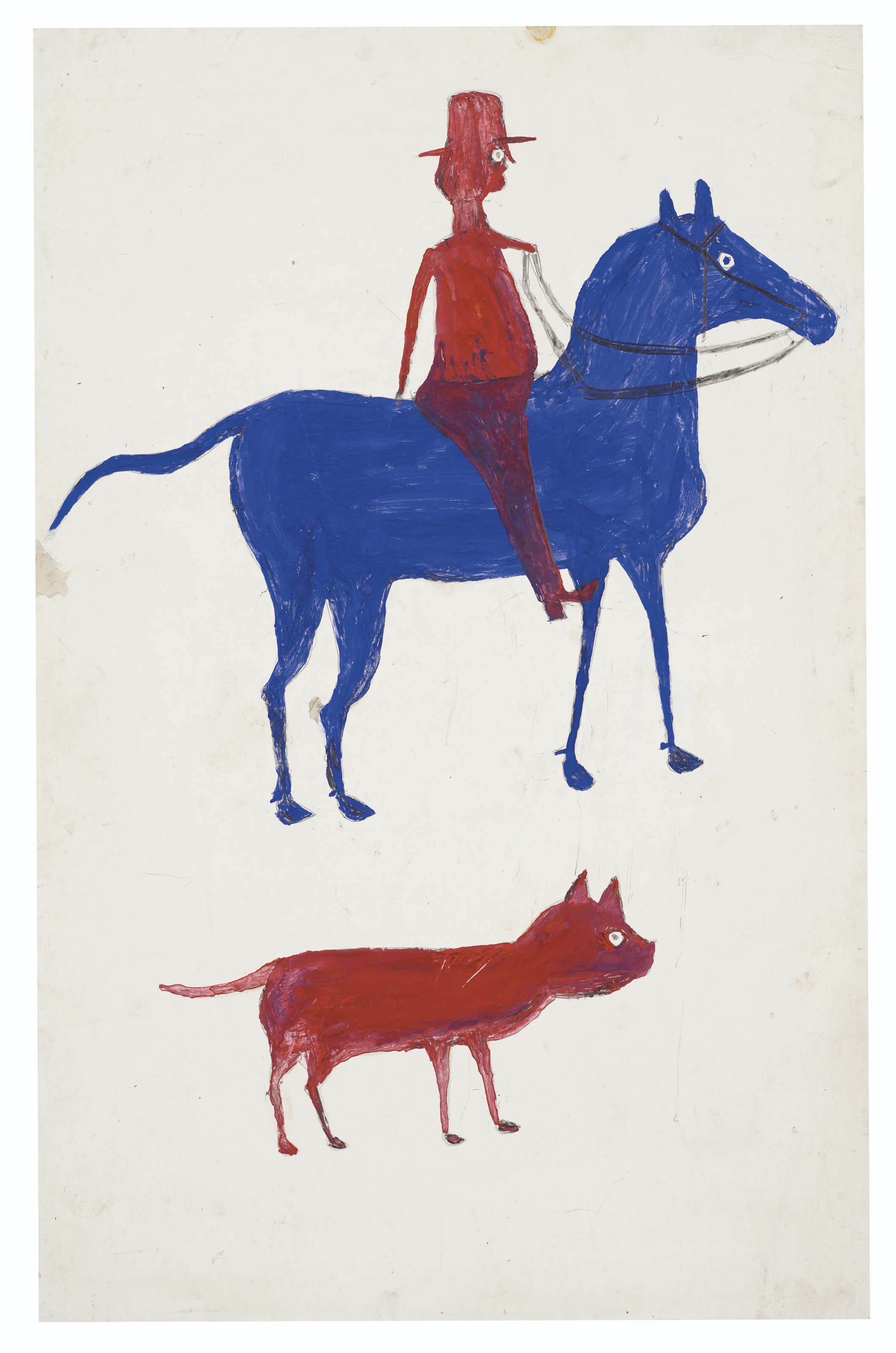 Bill Traylor (circa 1853-1949), Red Man on Blue Horse with Dog, 1939-1942. Tempera and graphite on repurposed card. 22⅛ x 14&frac14; in. Estimate: $150,000-250,000. Offered in Outsider Art on 17 January 2020 at Christie&rsquo;s in New York