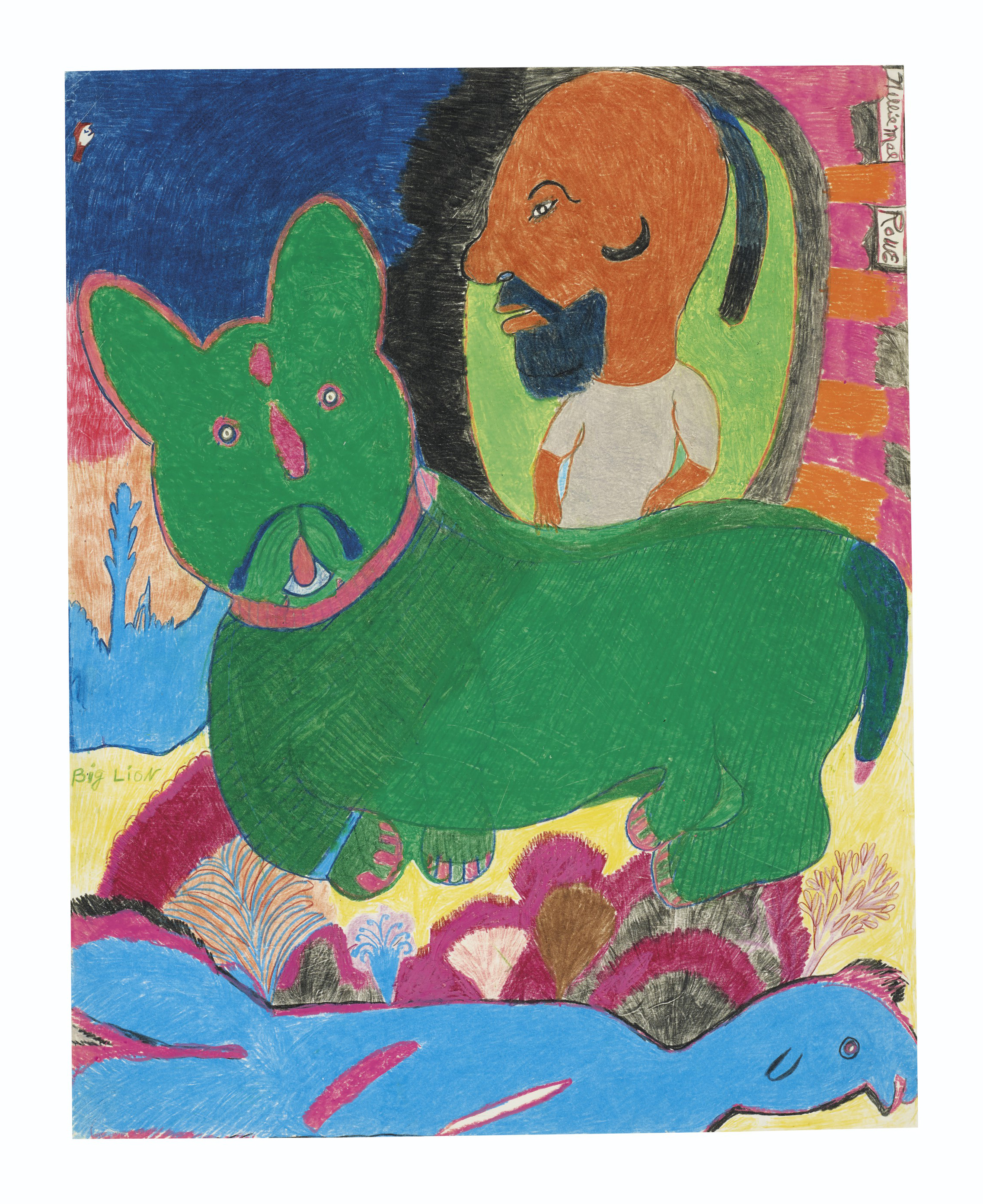 Nellie Mae Rowe (1900-1982), Big Lion, circa 1980. Estimate: $5,000-10,000. Crayon and pastel on paper. 24 x 19 in. Offered in Outsider Art on 17 January 2020 at Christie&rsquo;s in New York