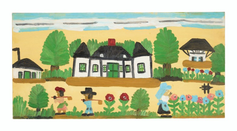 Clementine Hunter (1887-1988) Melrose Complex #2, 1981. Oil on board. 15 x 30 in (38.1 x 76.2 cm). Sold for $21,250 on 17 January 2020 at Christie’s in New York