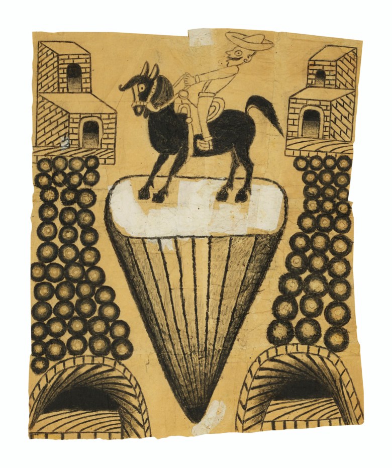 Martín Ramírez (1895-1963), Untitled (Abstracted Landscape with Horse and Rider), circa 1960-1963. Gouache and graphite on pieced paper. 24½ x 20 in (62.2 x 50.8 cm). Sold for $68,750 on 17 January 2020 at Christie’s in New York