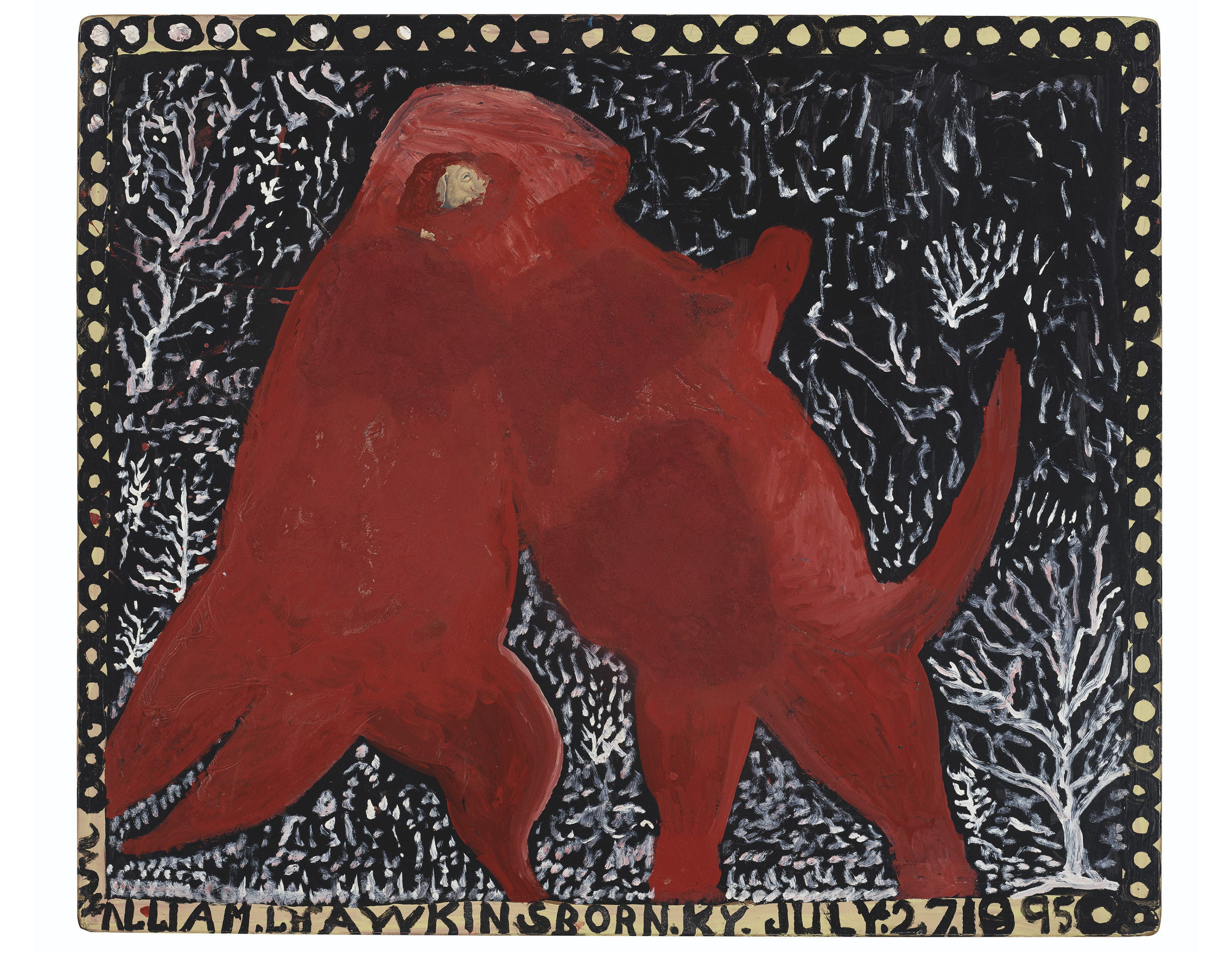 威廉&middot;霍金斯（1895-1990），《兩隻搏鬥的恐龍》，1989年作。瓷漆 玉米粉 拼貼纖維板。48 x 56 &frac12;英寸（122 x 143.5公分）。此作於2020年1月17日在佳士得紐約售出，成交價45,000美元