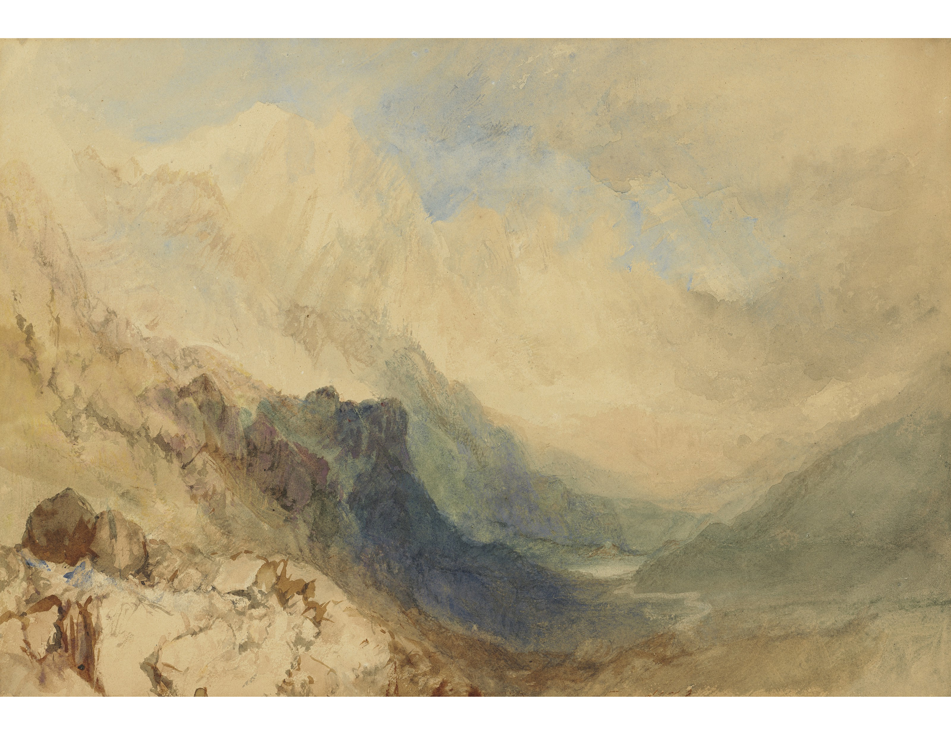Joseph Mallord William Turner, R.A. (1775-1851), Mont-Blanc and the All&eacute;e Blanche from near the Col de la Seigne, France. Watercolour heightened with bodycolour and with scratching out. 9&frac12; x 13&frac12;  in (24.2 x 34.3 cm). Estimate: $400,000-600,000. Offered in Old Master &amp; British Drawings Including Works from the Collection of Jean Bonna on 28 January 2020 at Christie&rsquo;s in New York