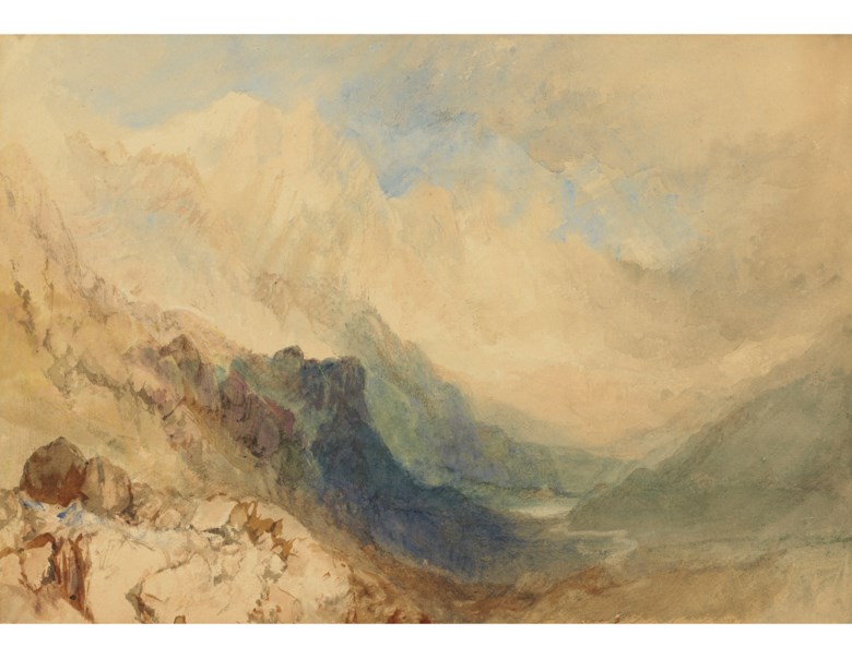 Joseph Mallord William Turner, R.A. (1775-1851), Mont-Blanc and the Allée Blanche from near the Col de la Seigne, France. Watercolour heightened with bodycolour and with scratching out. 9½ x 13½  in (24.2 x 34.3 cm). Estimate $400,000-600,000. Offered in Old Master & British Drawings Including Works from the Collection of Jean Bonna on 28 January 2020 at Christie’s