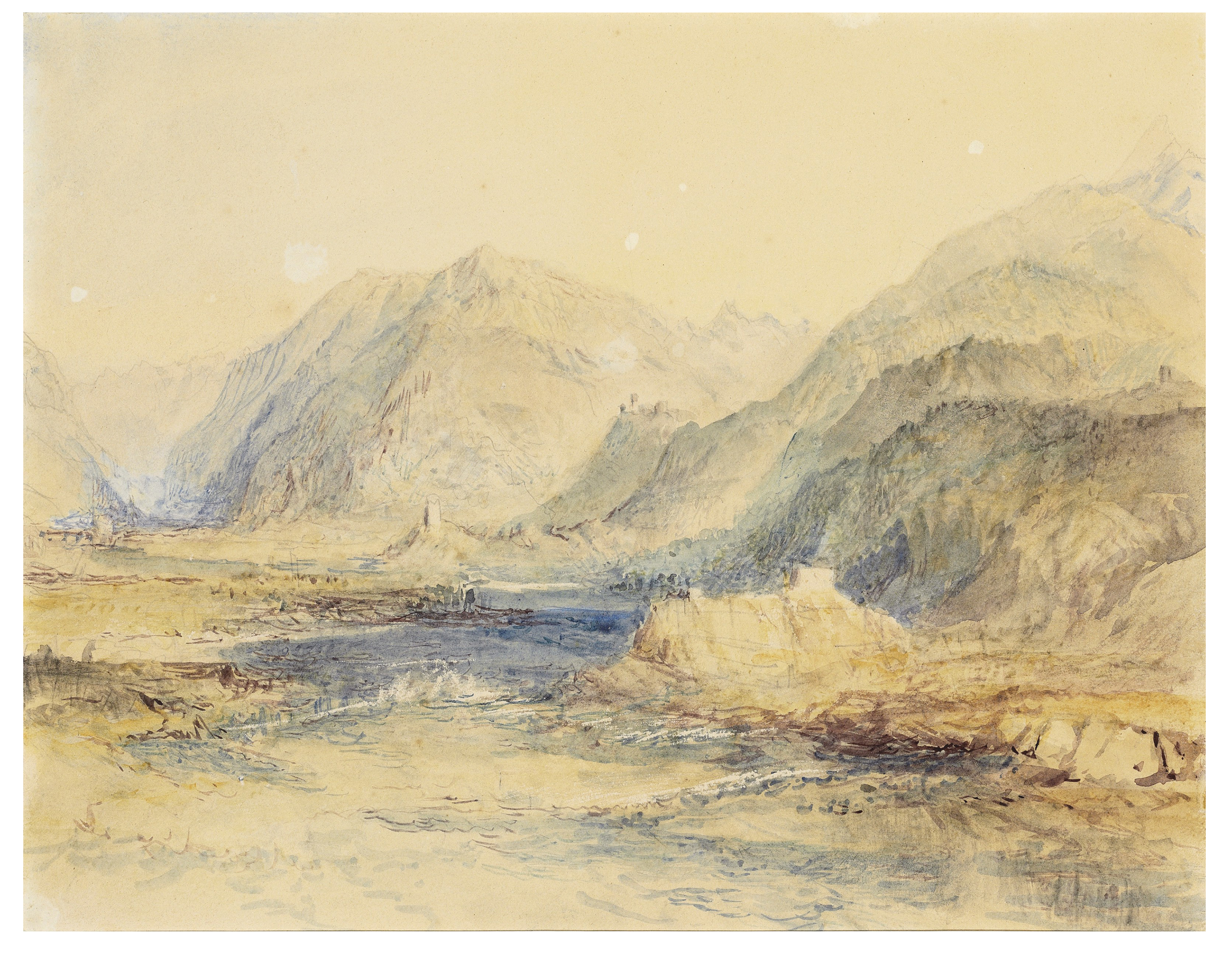 Joseph Mallord William Turner, R.A. (London 1775-1851), The Domleschg Valley Looking North, Switzerland. Pencil and watercolour with scratching out. 9 in x 11⅜ in (22.9  cm x 28.9 cm). Estimate: $300,000-500,000. Offered in Old Master &amp; British Drawings Including Works from the Collection of Jean Bonna on 28 January 2020 at Christie&rsquo;s in New York