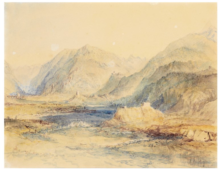 Joseph Mallord William Turner, R.A. (London 1775-1851), The Domleschg Valley Looking North, Switzerland. Pencil and watercolour with scratching out. 9 in x 11⅜ in (22.9  cm x 28.9 cm). Estimate $300,000-500,000. Offered in Old Master & British Drawings Including Works from the Collection of Jean Bonna on 28 January 2020 at Christie’s in New York