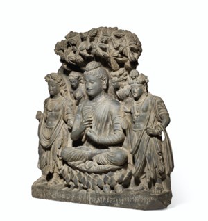 A RARE AND MAGNIFICENT GRAY SCHIST RELIEF TRIAD OF BUDDHA SHAKYAMUNI ...