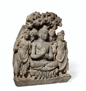 A RARE AND MAGNIFICENT GRAY SCHIST RELIEF TRIAD OF BUDDHA SHAKYAMUNI ...
