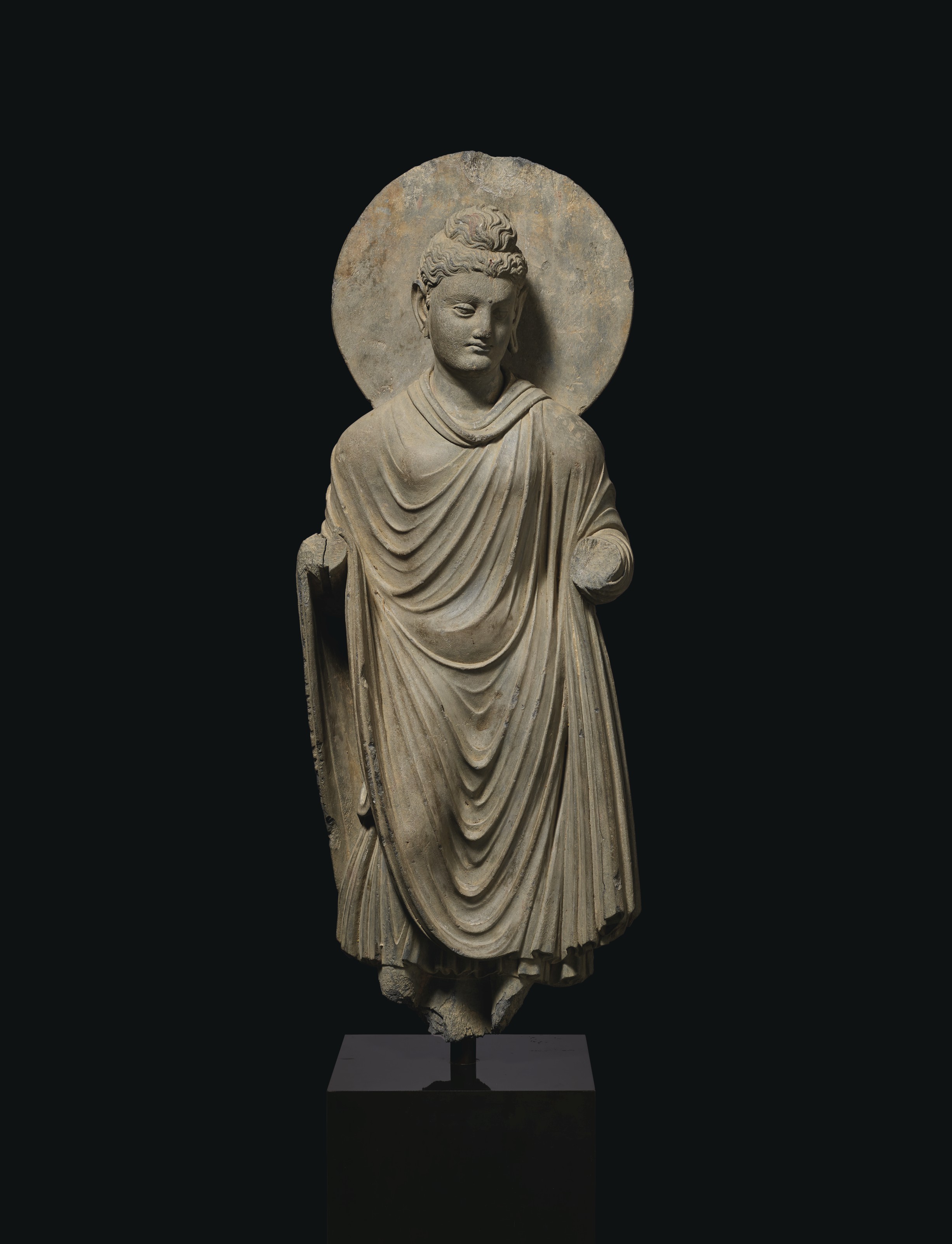 A Rare And Magnificent Gray Schist Relief Triad Of Buddha Shakyamuni With Bodhisattvas