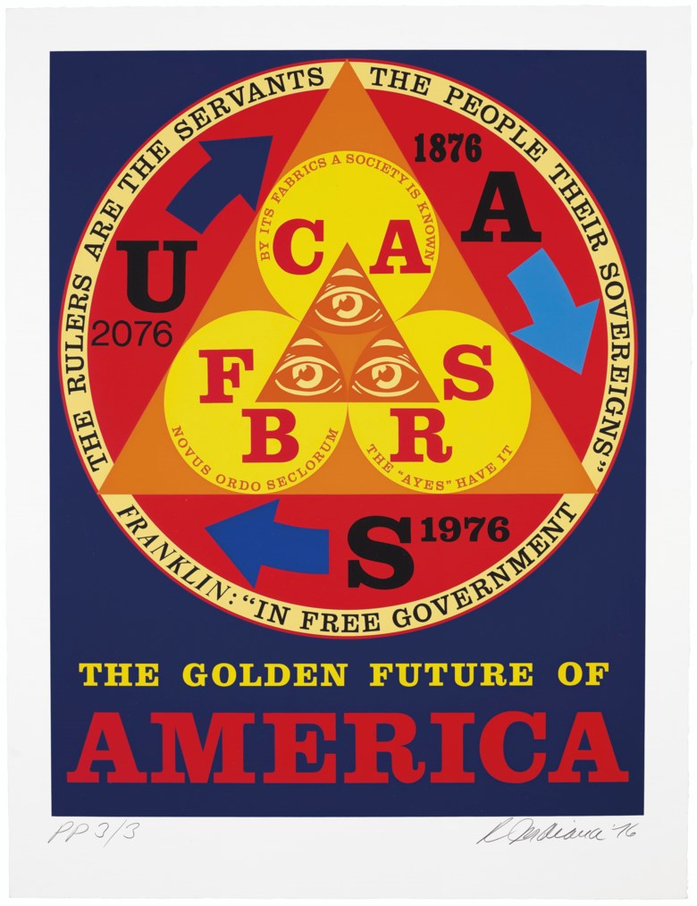 Robert Indiana (1928-2018), The Golden Future of America, from An American Portrait, 1776-1976. Screenprint. 26⅛ x 20  in (664 x 508  mm). Sold for $3,000 on 4 March 2020 at Christie’s in New York