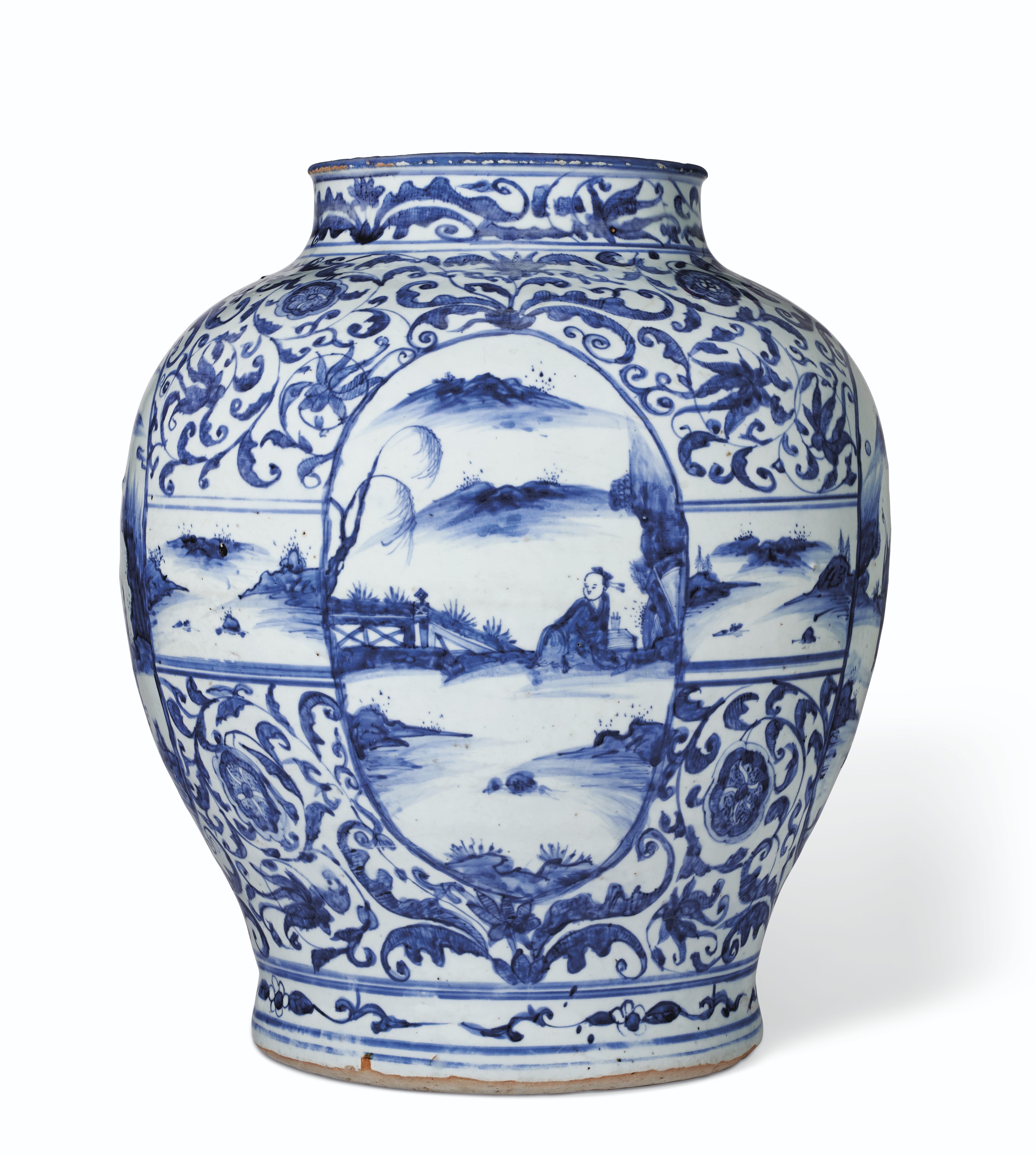 清時代青花 晚明十七世纪青花开光高士图罐, LATE MING DYNASTY, 17TH CENTURY