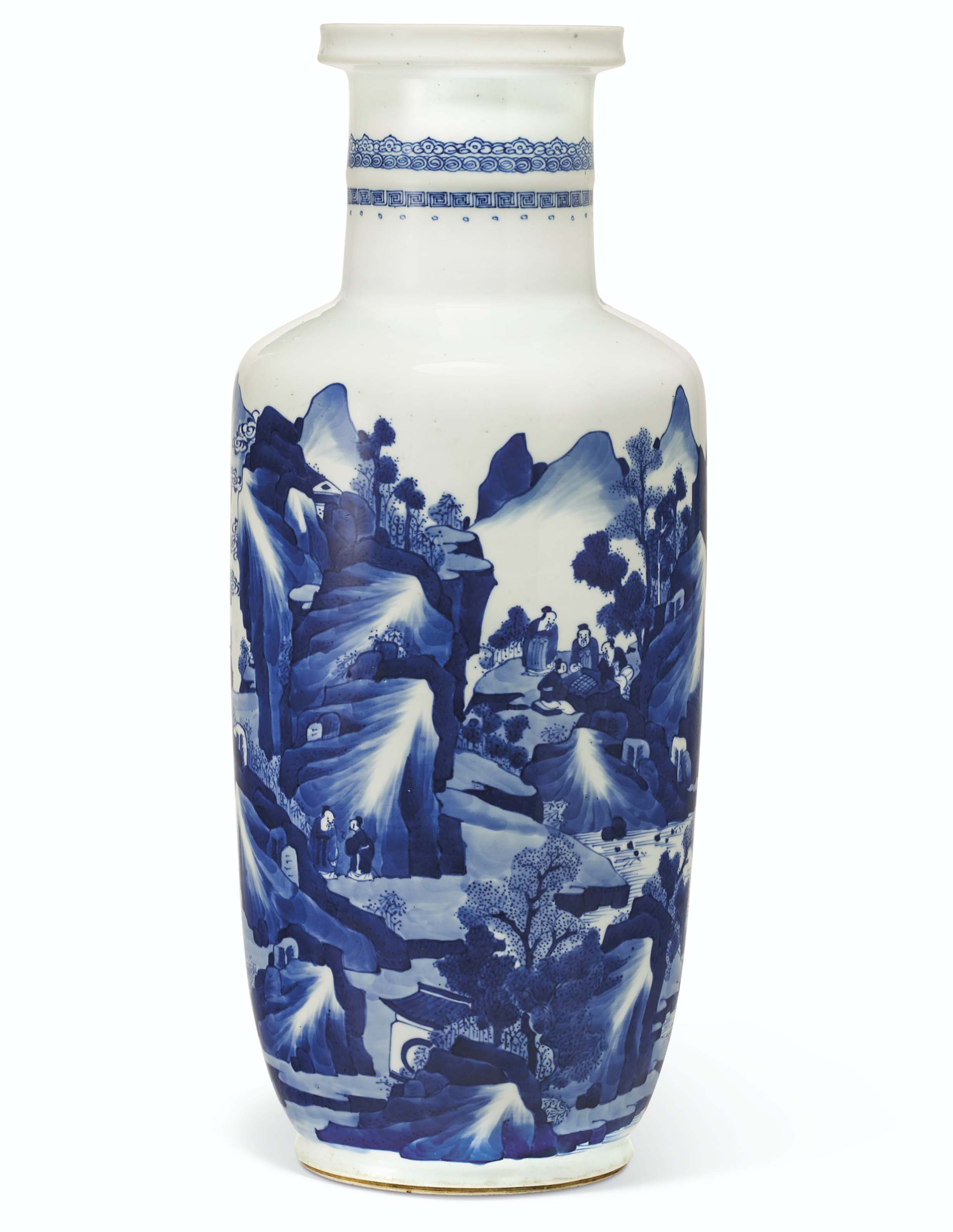 A BLUE AND WHITE ROULEAU VASE