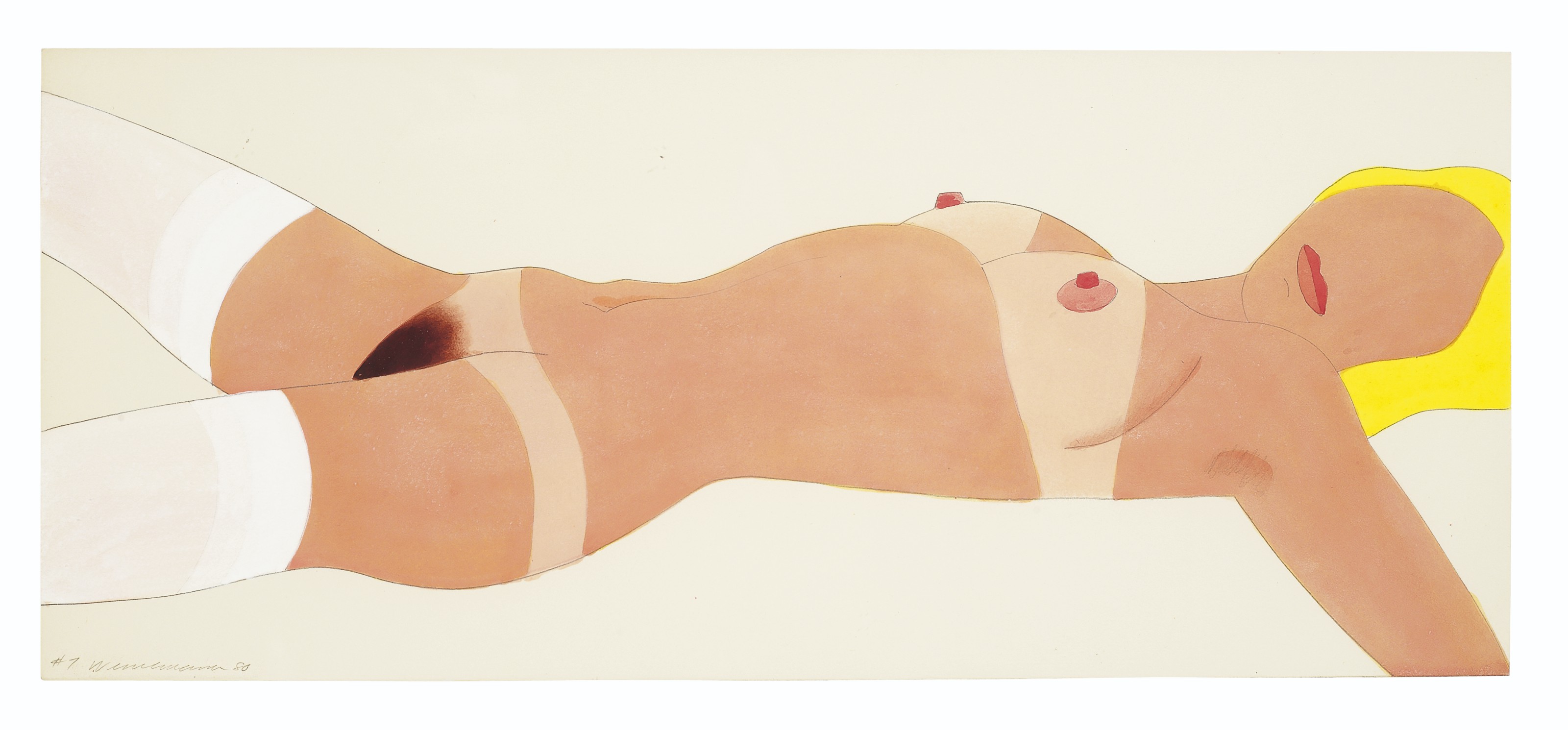Tom Wesselmann (1931-2004), Stockinged Nude #7, executed in 1980. Liquitex and graphite on paperboard. 8 x 18 &frac34;  in (20.3 x 47.6  cm). Estimate: $40,000-60,000. Offered in Post-War to Present on 5 March 2020 at Christie&rsquo;s in New York