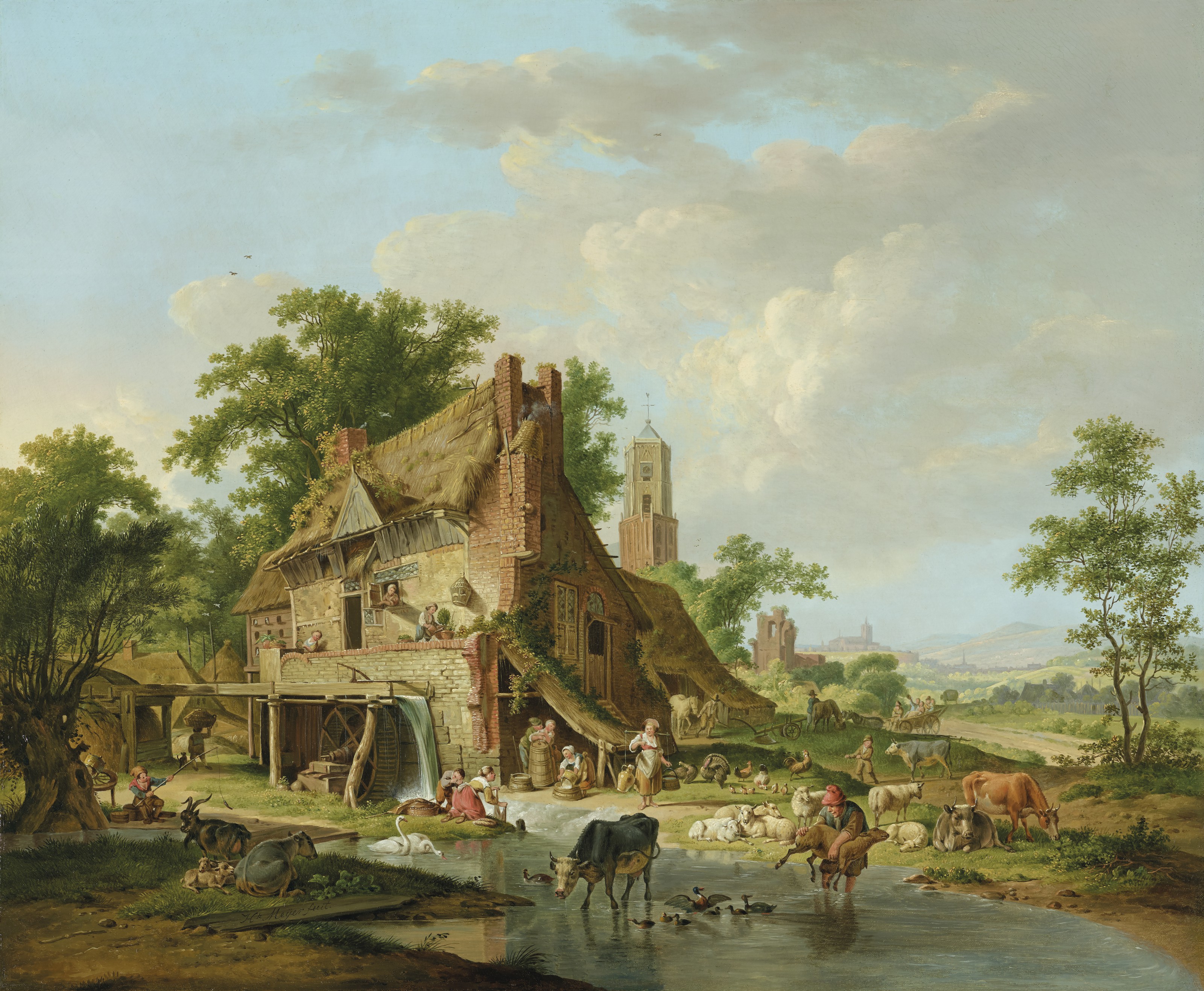 Catalog image of A watermill with farmyard animals and peasants, a landscape beyond