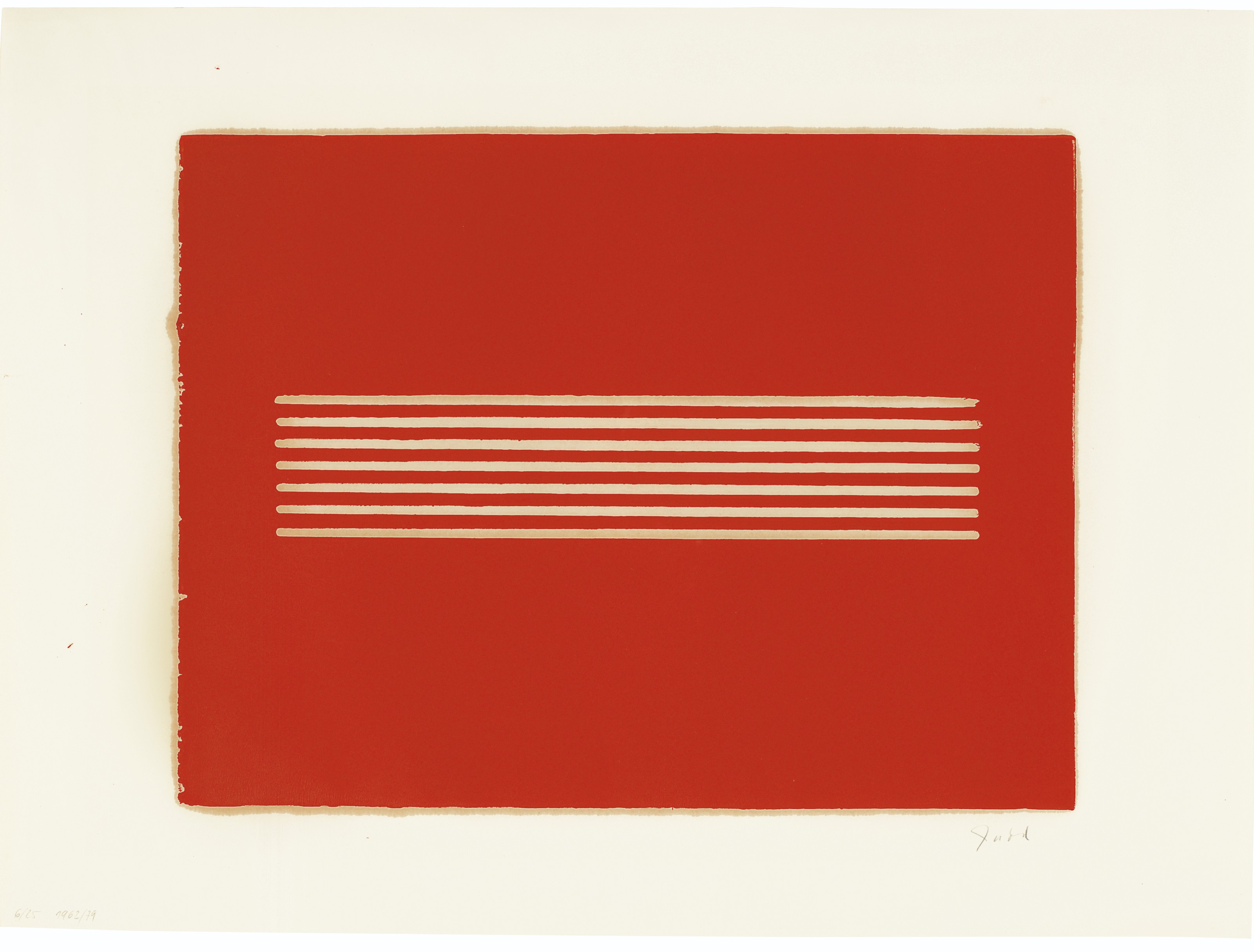 Donald Judd (1928-1994), Untitled, 1962-79.&nbsp;Woodcut in cadmium red, on offset paper.&nbsp;Sheet: 21⅛ x 28&frac12;  in (537 x 724  mm). Estimate: $18,000-25,000. Offered in Prints and Multiples&nbsp;on 20-21 October 2020 at Christie&rsquo;s in New York